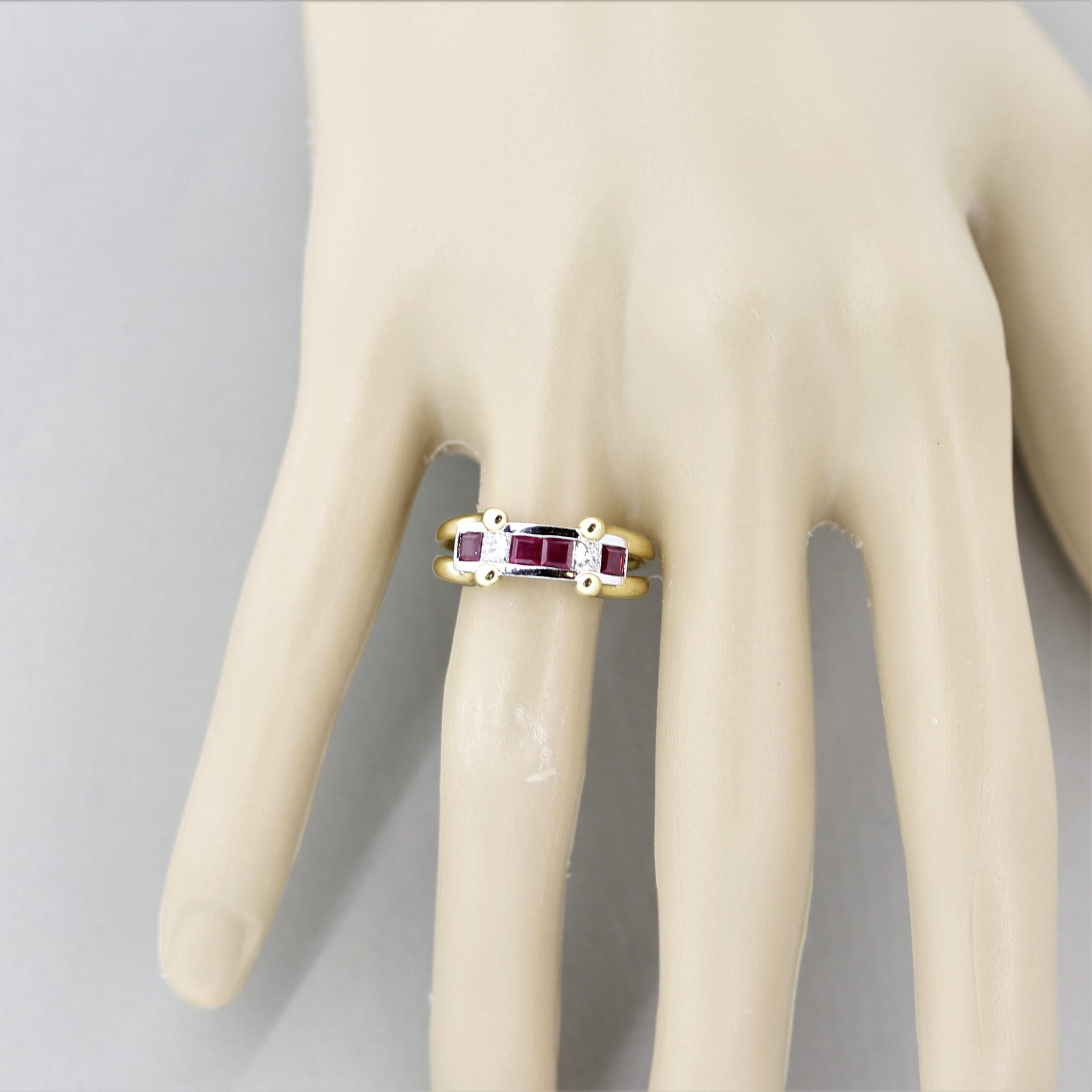 Ruby Diamond Gold and Platinum “Love” Ring For Sale 2