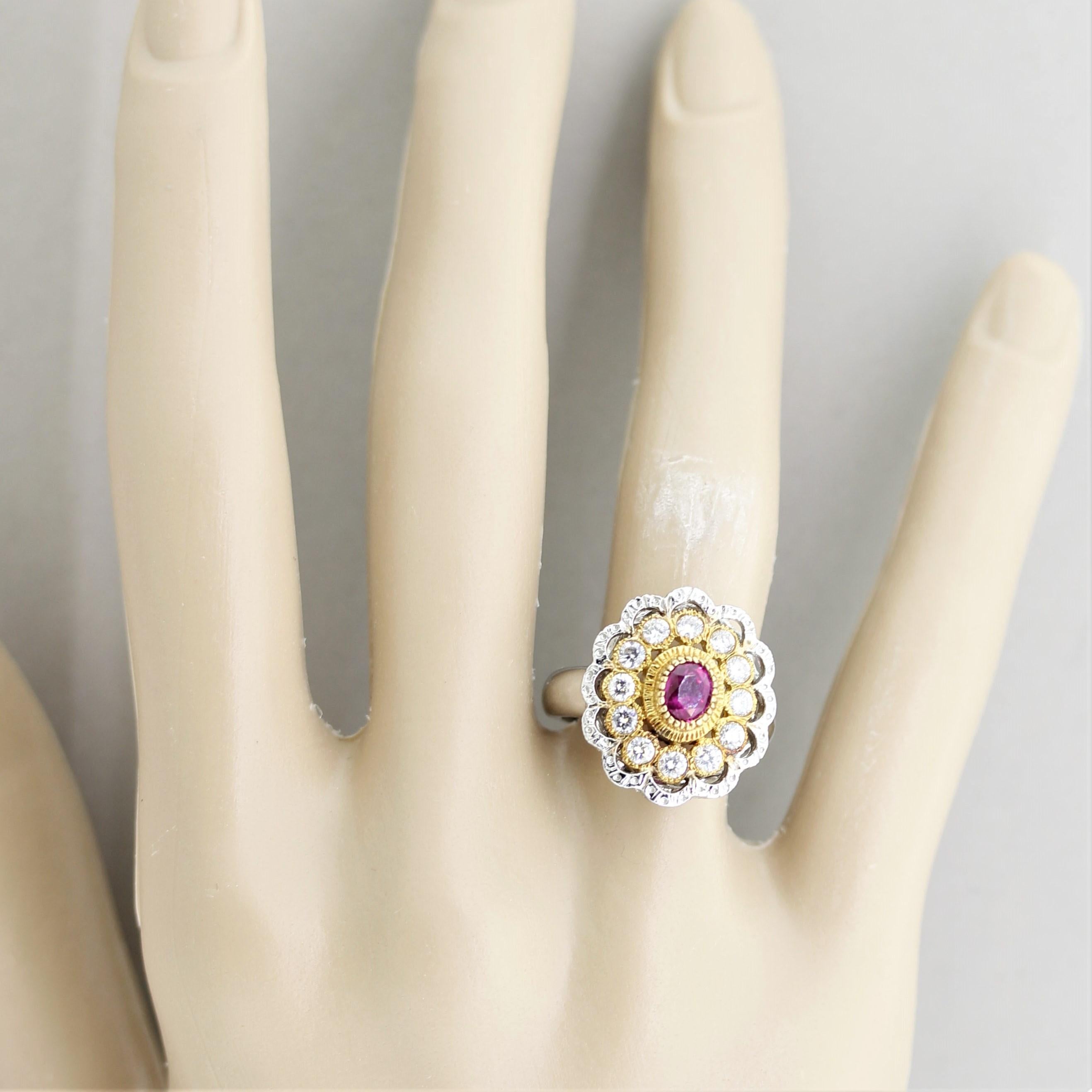 Ruby Diamond Gold & Platinum Textured Floral Ring 5
