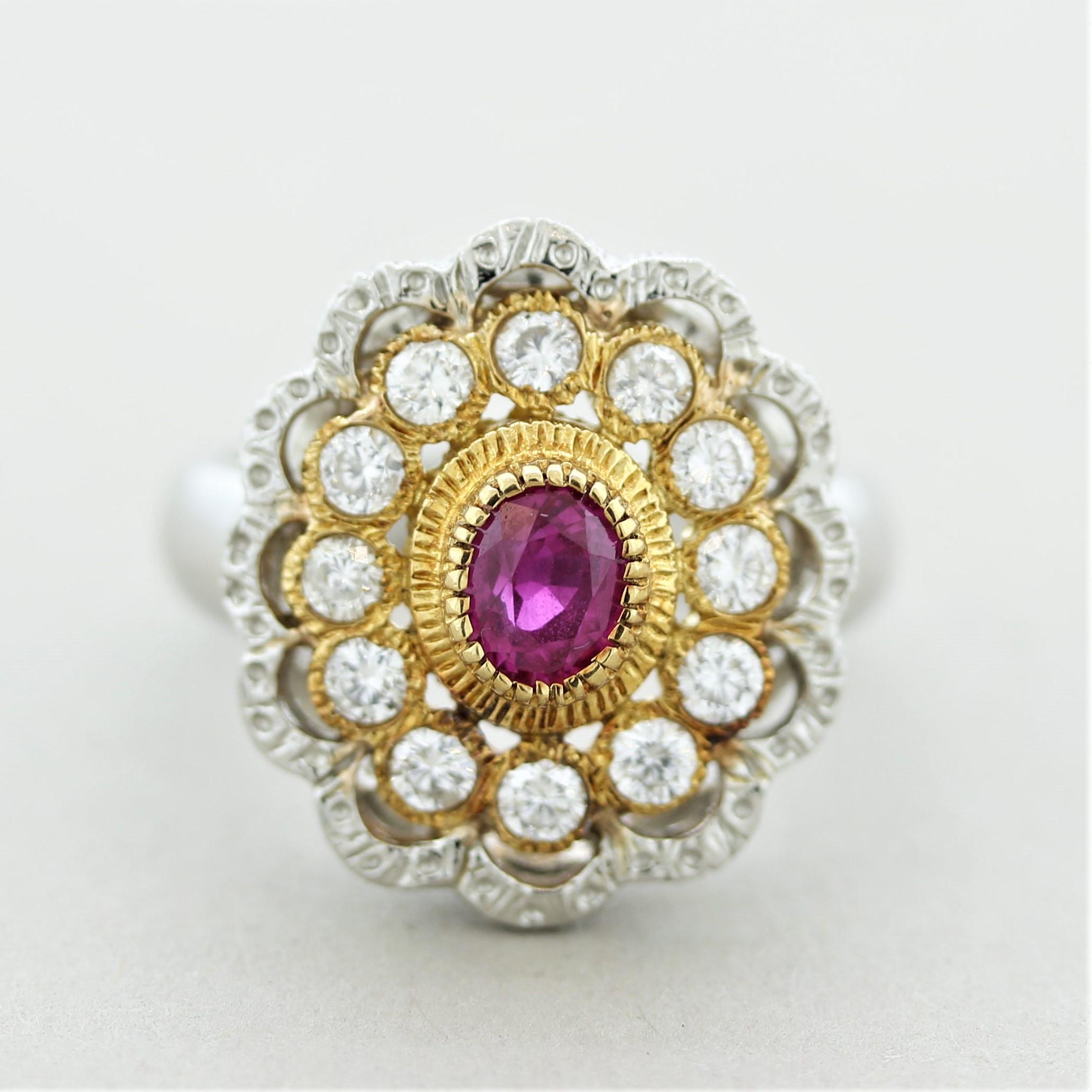 A stylish ring similar in style to Italian jeweler’s Buccellati. It features a 0.82 carat oval-shaped ruby in its center and is complemented by 0.62 carats of round brilliant-cut diamonds. The feature which makes this ring special is the gold and