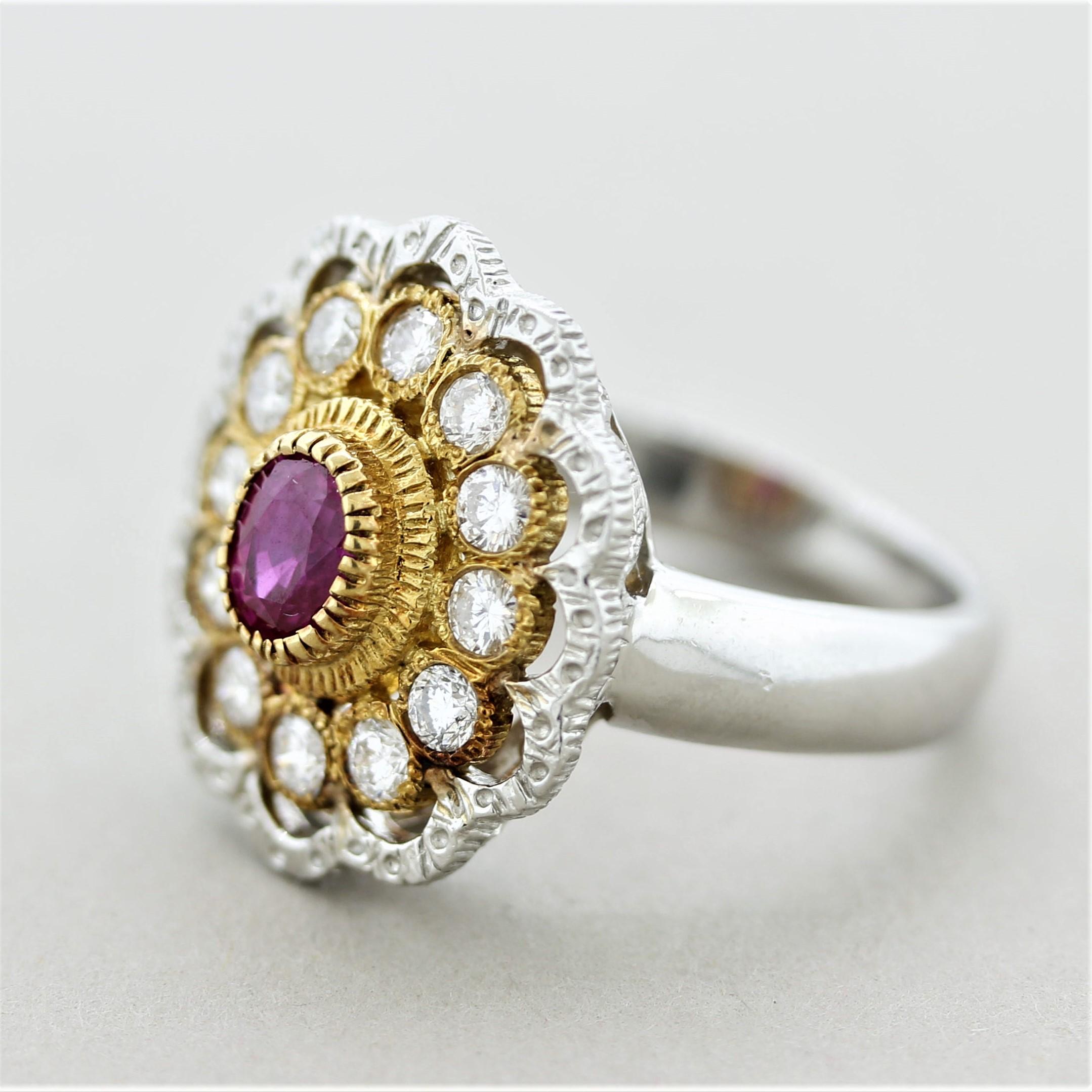 Mixed Cut Ruby Diamond Gold & Platinum Textured Floral Ring