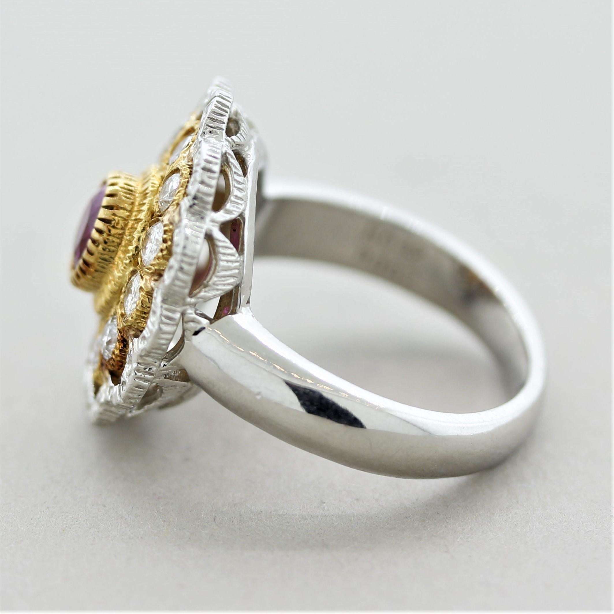 Ruby Diamond Gold & Platinum Textured Floral Ring In New Condition In Beverly Hills, CA