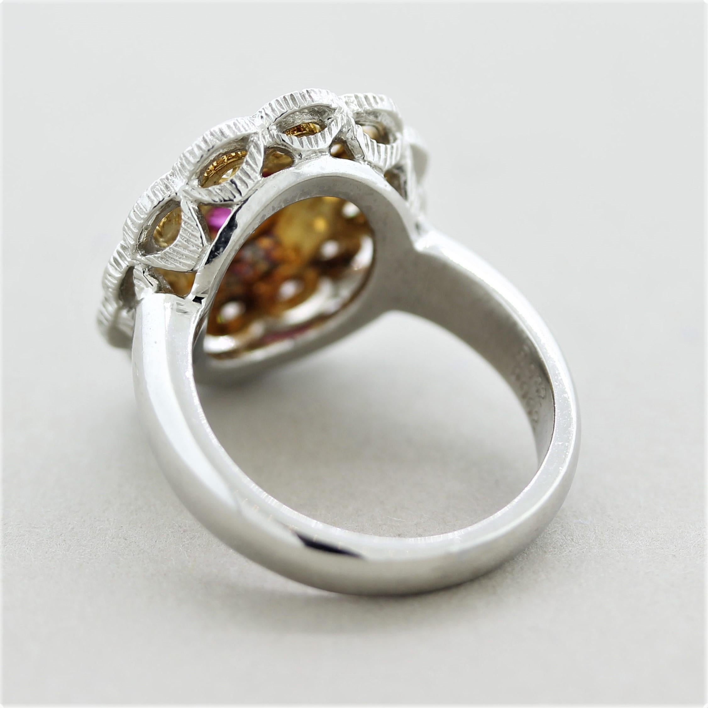 Women's Ruby Diamond Gold & Platinum Textured Floral Ring