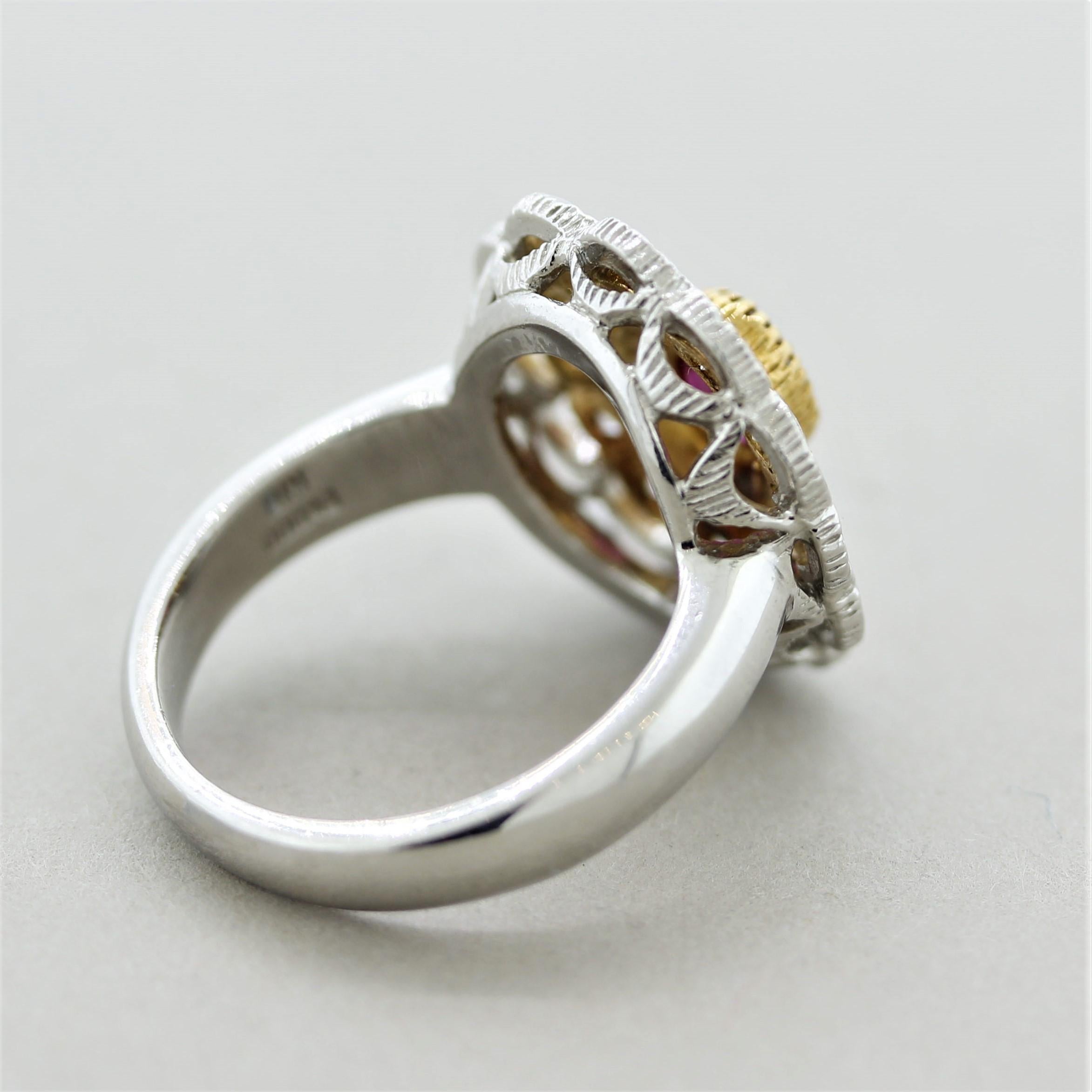 Ruby Diamond Gold & Platinum Textured Floral Ring 2