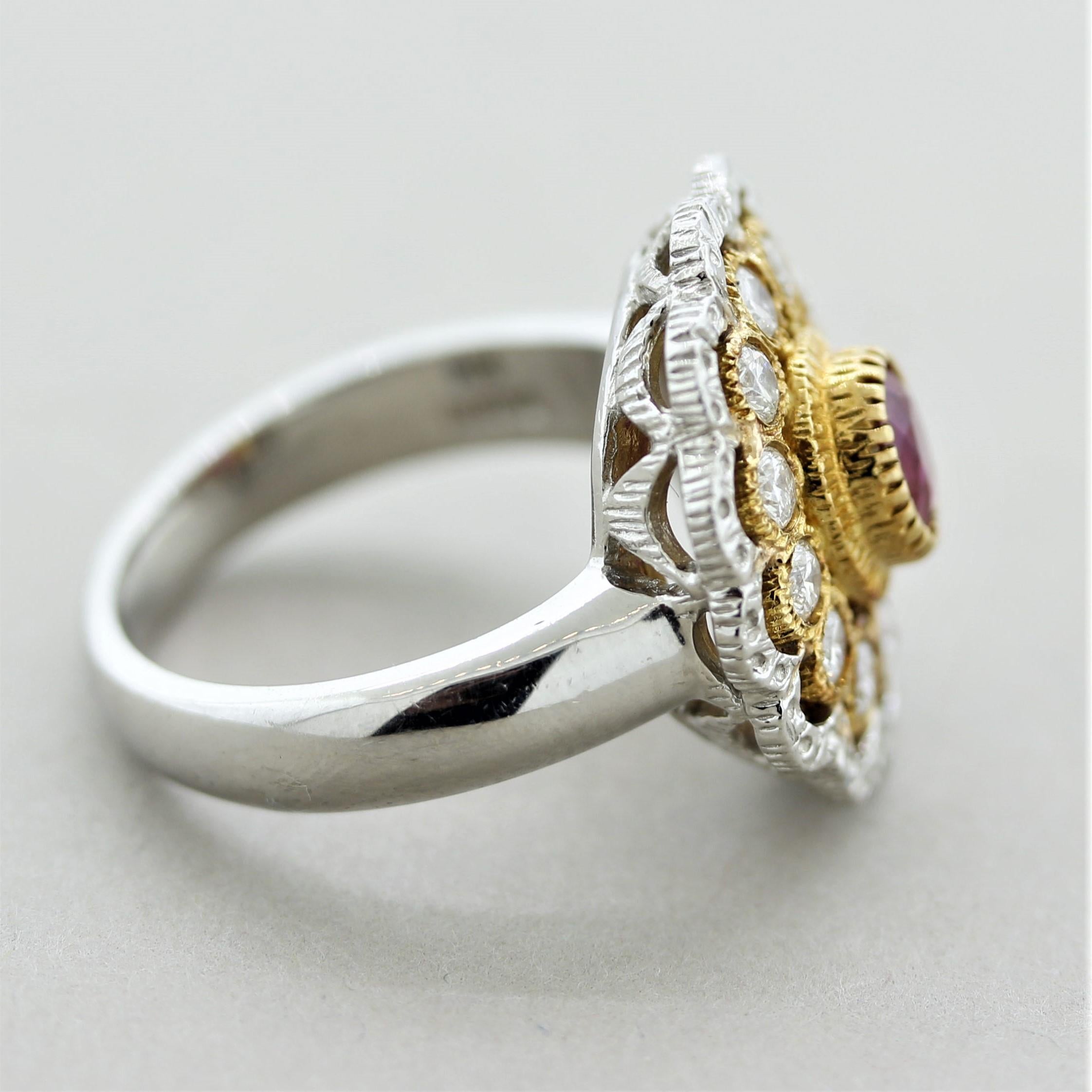 Ruby Diamond Gold & Platinum Textured Floral Ring 3