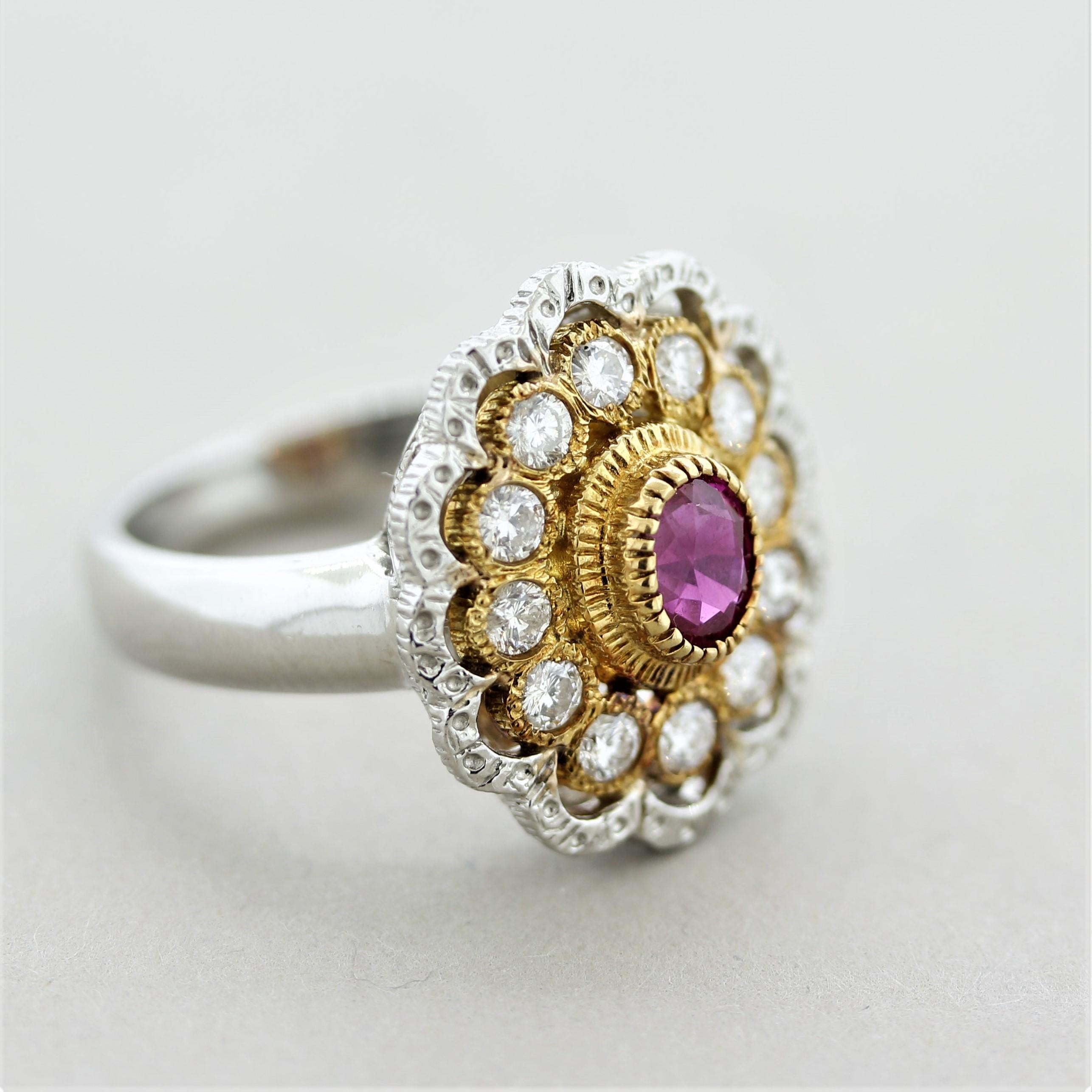 Ruby Diamond Gold & Platinum Textured Floral Ring 4