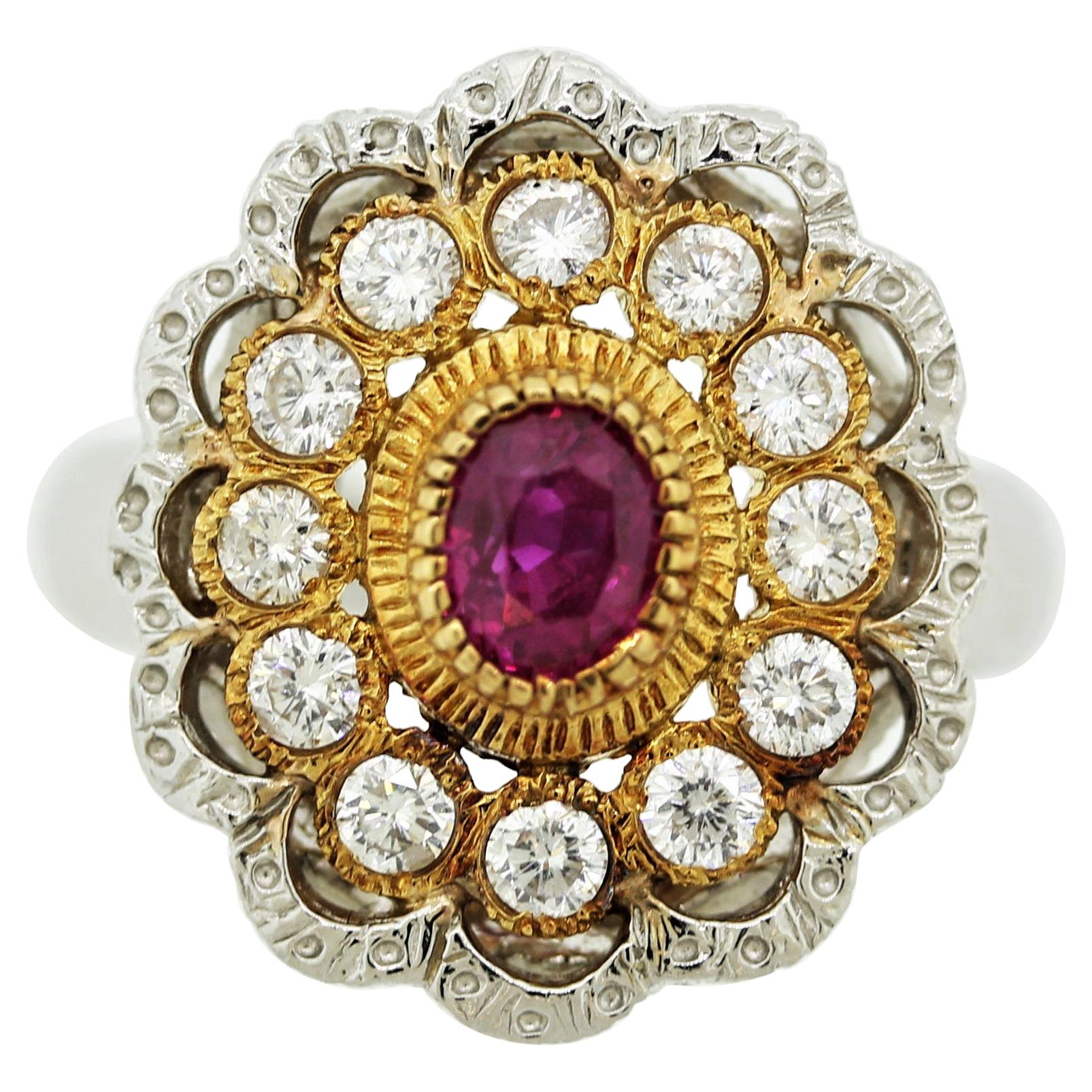 Ruby Diamond Gold & Platinum Textured Floral Ring