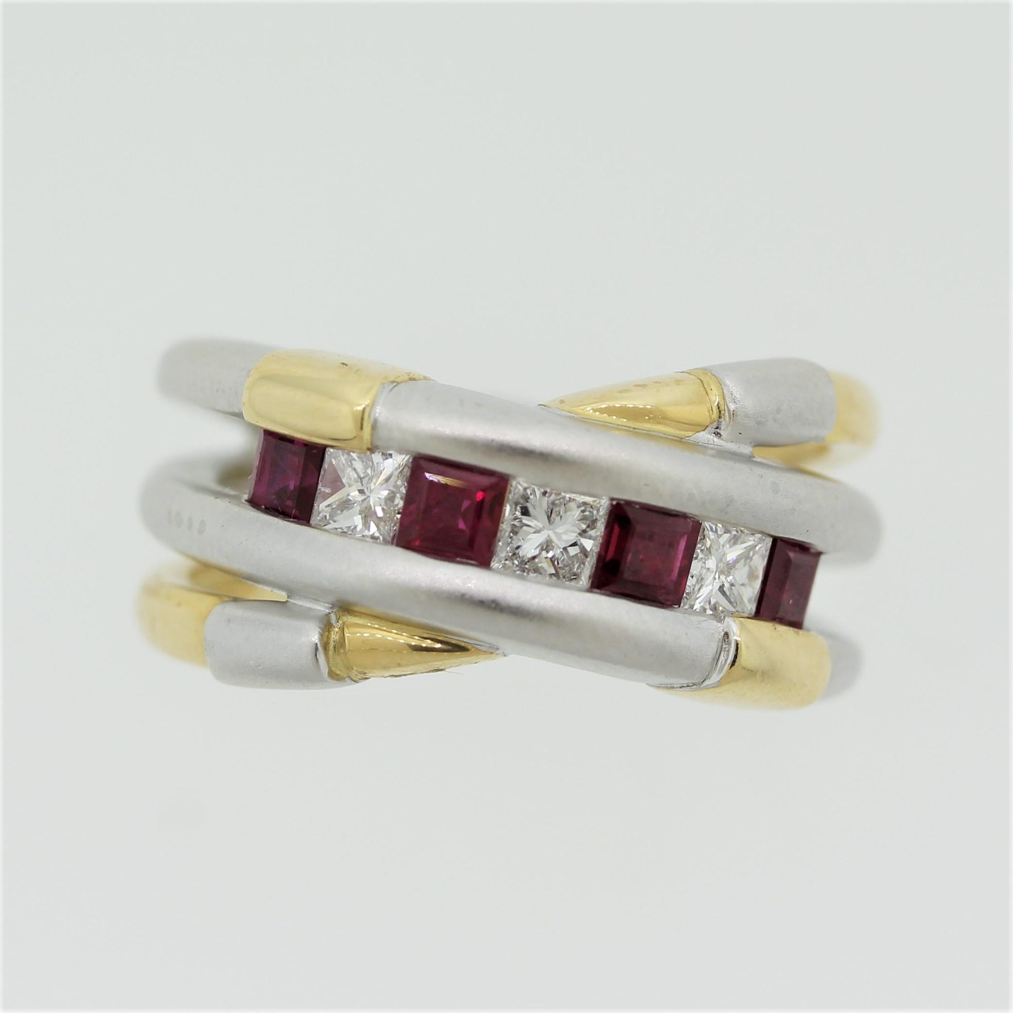 One of our favorite rings in the collection due to the rings unique style and color blend. It features bright white princess-cut diamonds along with vivid red rubies which are channel-set one after the other. Adding to that, the ring is made both in