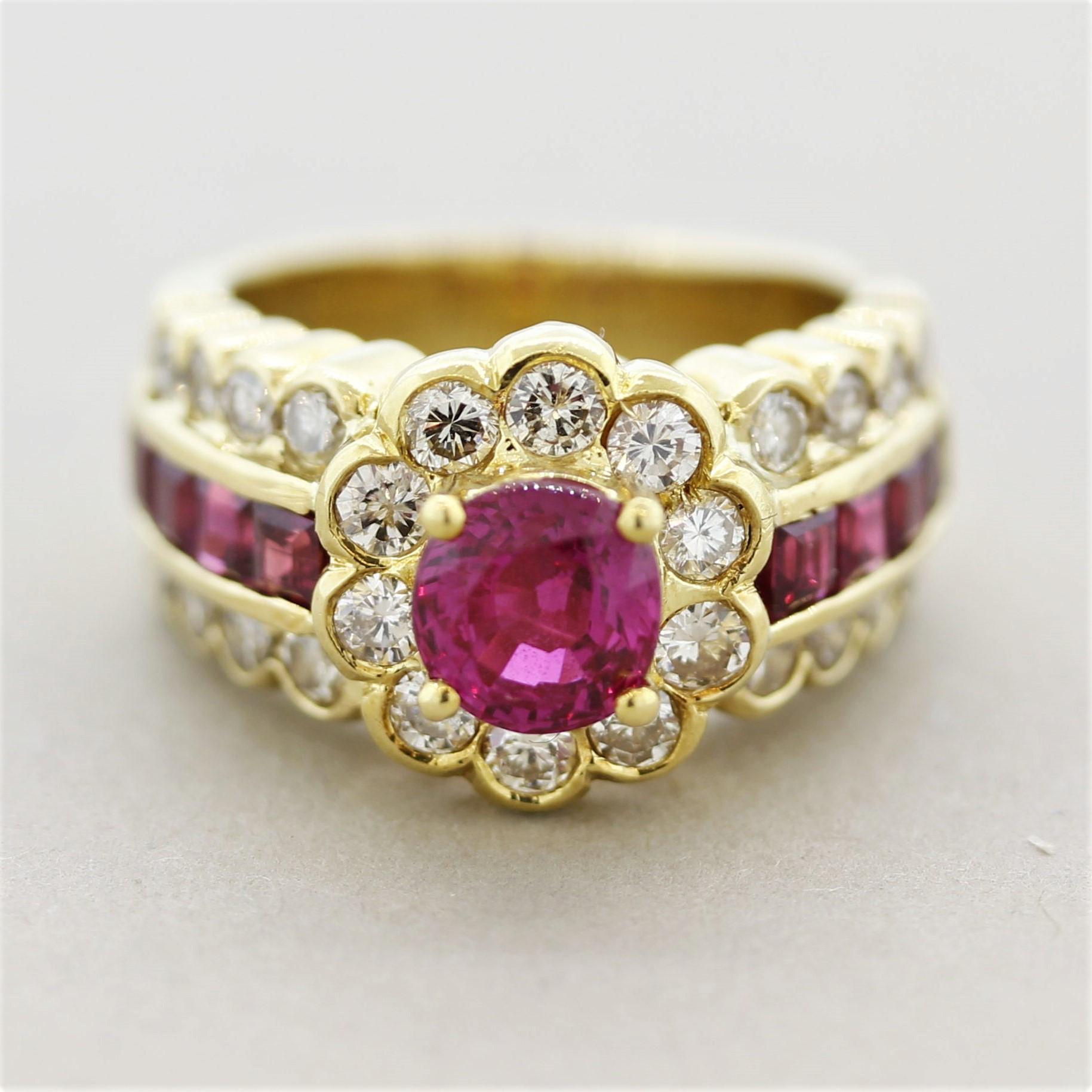 A bright and stylish ring featuring fine rubies and diamonds! The center ruby weighs 0.92 carats and has a bright vivid slightly pinkish red color, typical of Burmese stones. On the sides are rows and diamonds and square-shape rubies channel-set