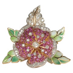 Ruby Diamond Gold Silver and Plique à Jour Enamel Flower Broooch