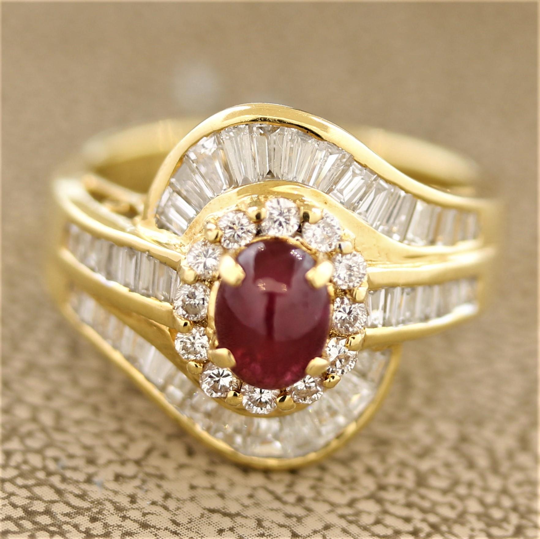 A simple yet elegant ring featuring a 0.95 carat cabochon ruby with a vivid red color. It is accented by 1.25 carats of round brilliant and baguette cut diamonds which surround the ruby and run down the sides of the ring. Made in 18k yellow gold and