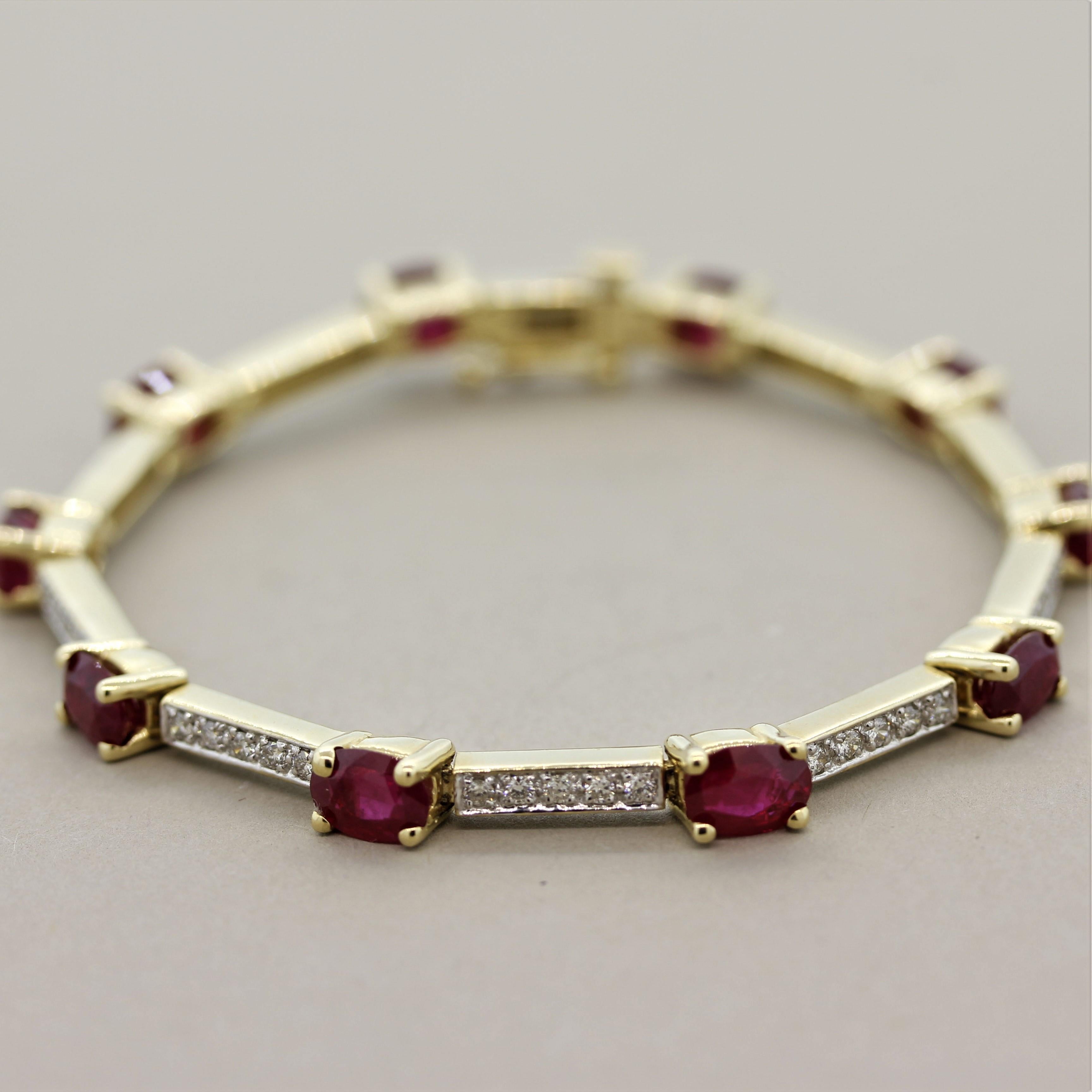 A stylish tennis bracelet featuring 10 oval shaped rubies weighing a total of 9.51 carats. Each of the rubies are perfectly matching in shape as well as their color, which is a vivid red color known as “pigeons blood.” They are accented by 0.92