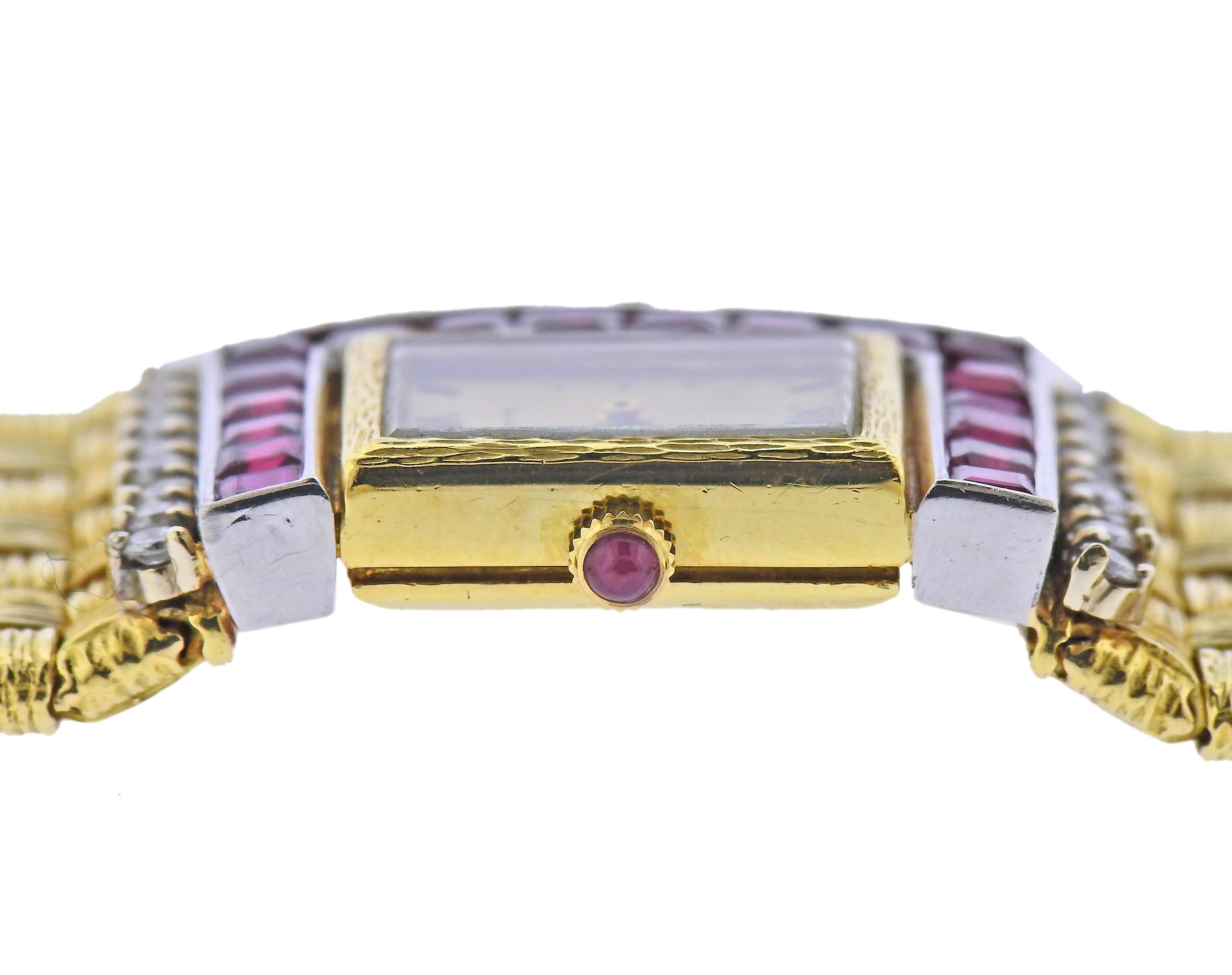 Round Cut Ruby Diamond Gold Watch Bracelet For Sale