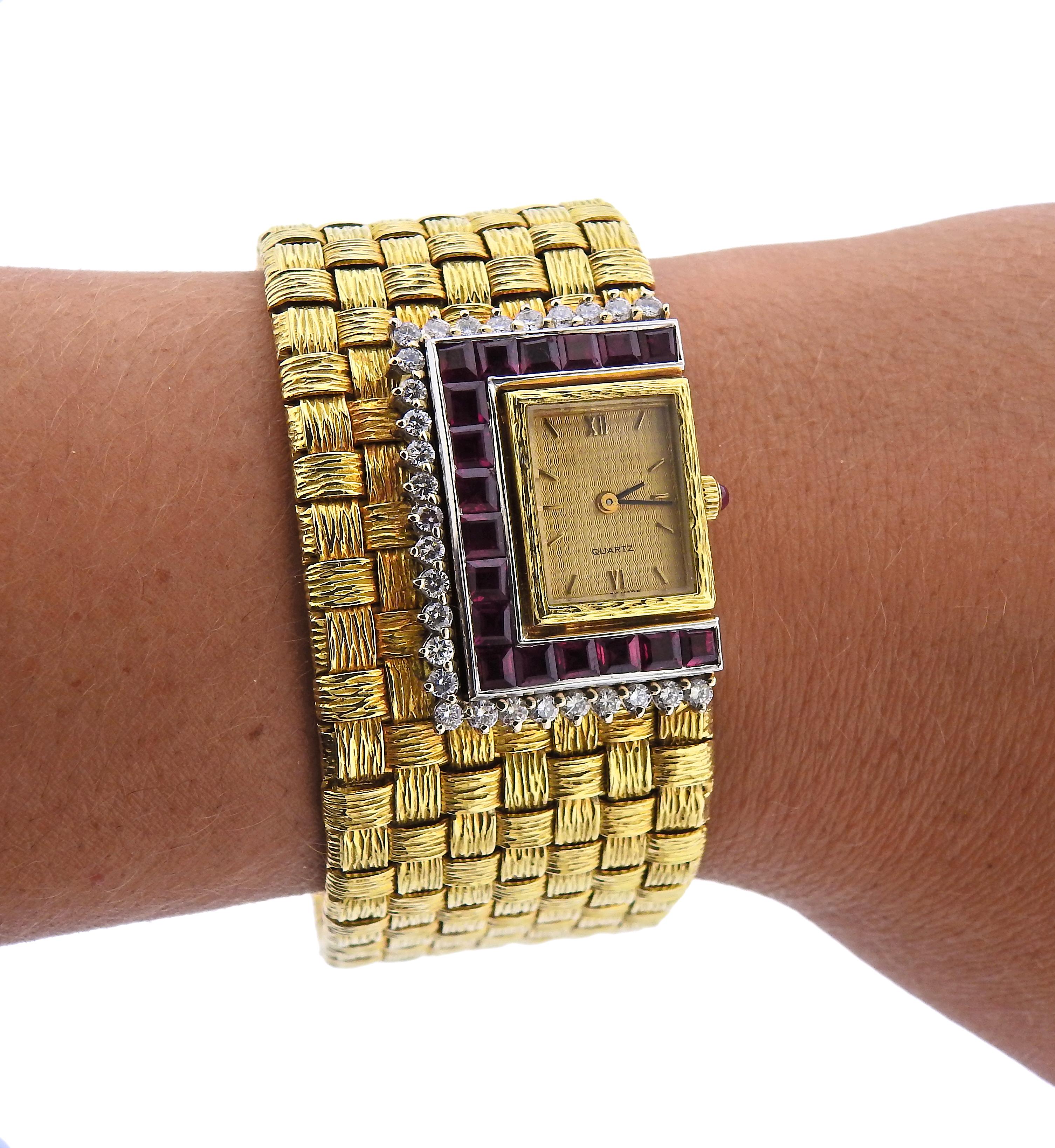 Ruby Diamond Gold Watch Bracelet For Sale 1