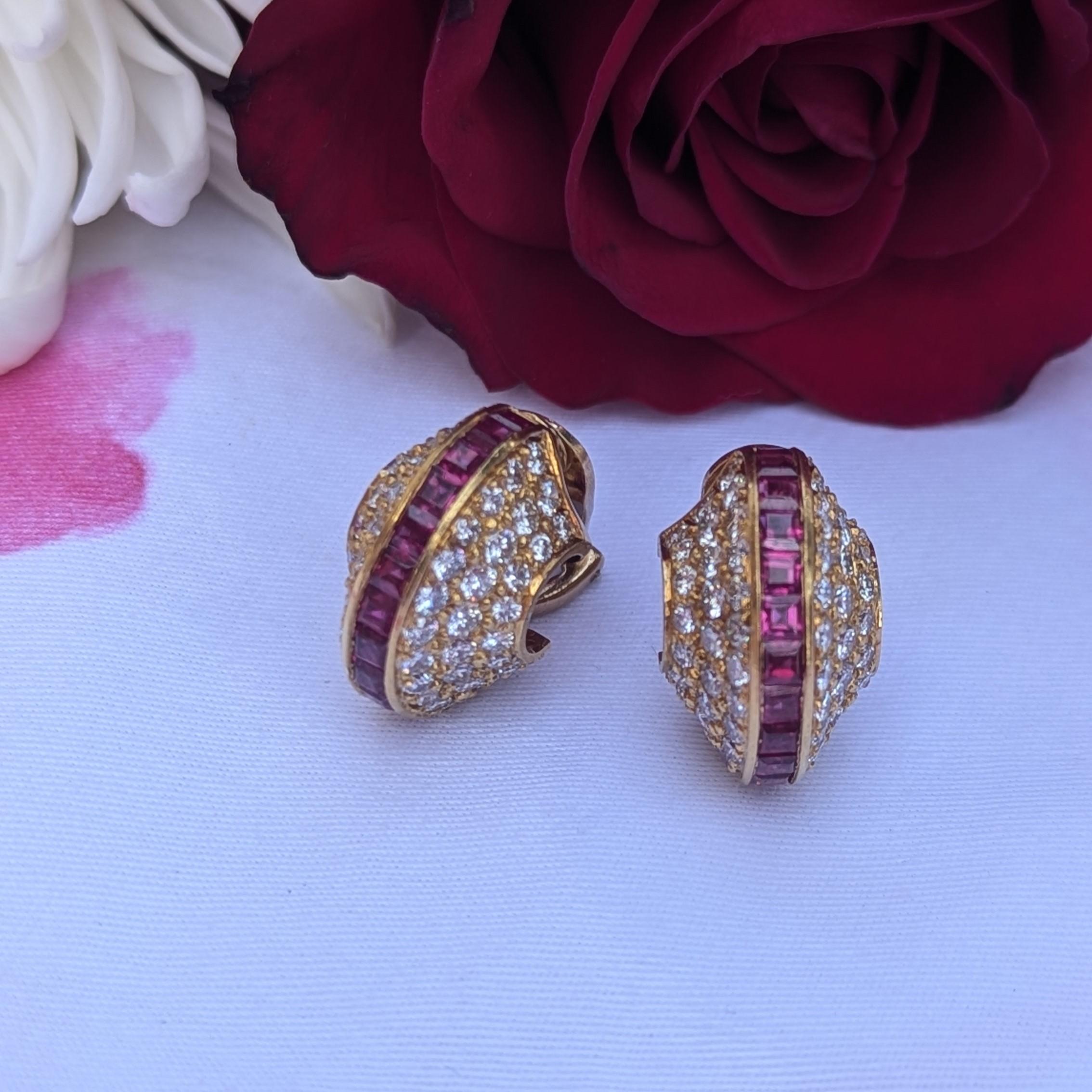 Round Cut Invisible Set Rubies and Diamond Half-Hoop 18K Yellow Gold Earrings For Sale
