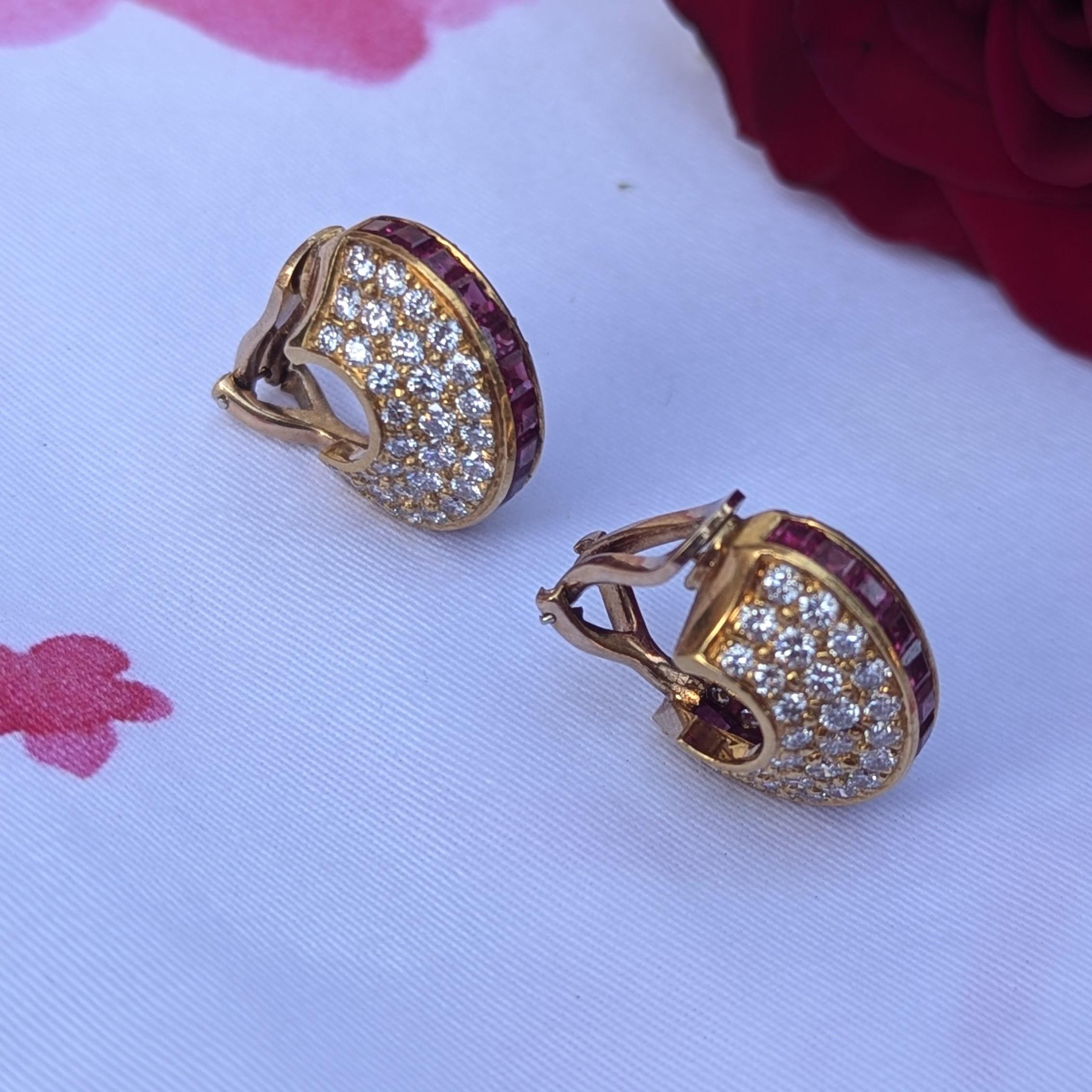 Invisible Set Rubies and Diamond Half-Hoop 18K Yellow Gold Earrings In Excellent Condition For Sale In New York, NY