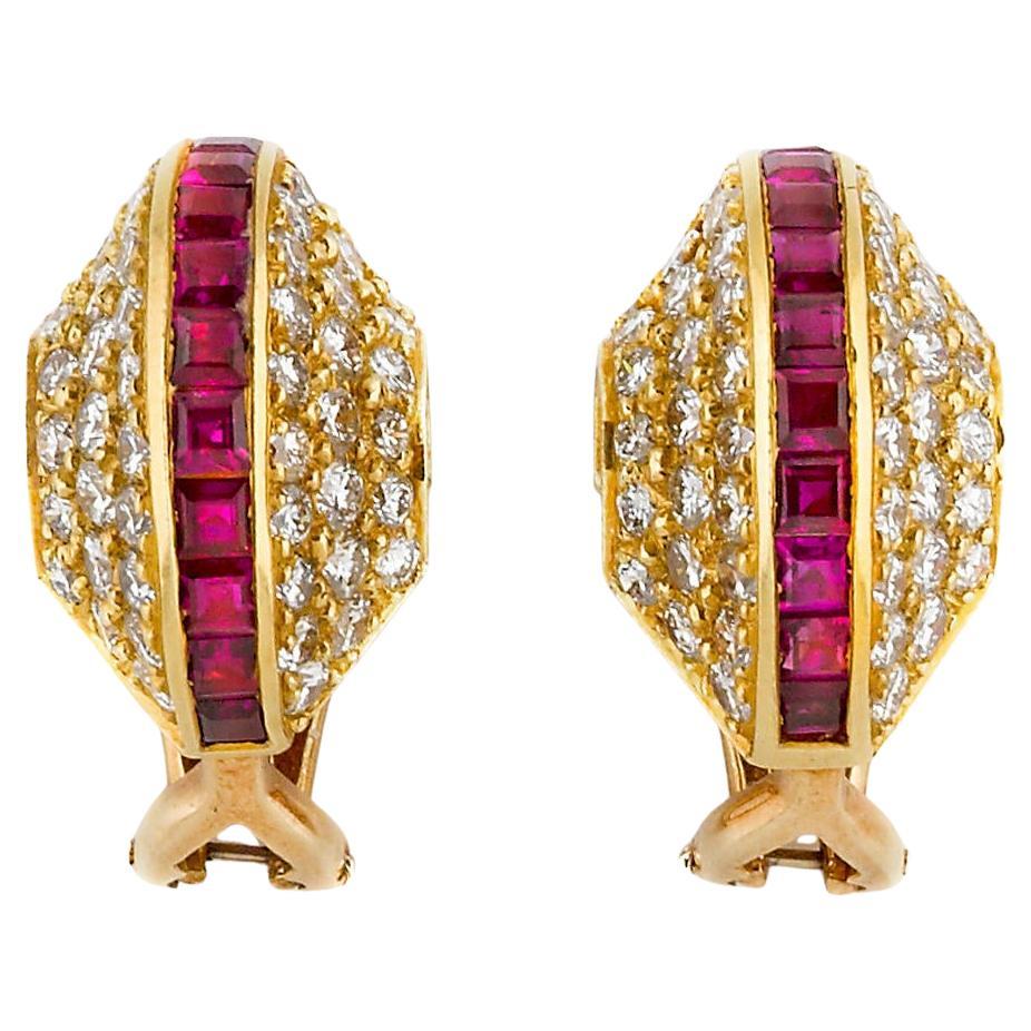 Invisible Set Rubies and Diamond Half-Hoop 18K Yellow Gold Earrings