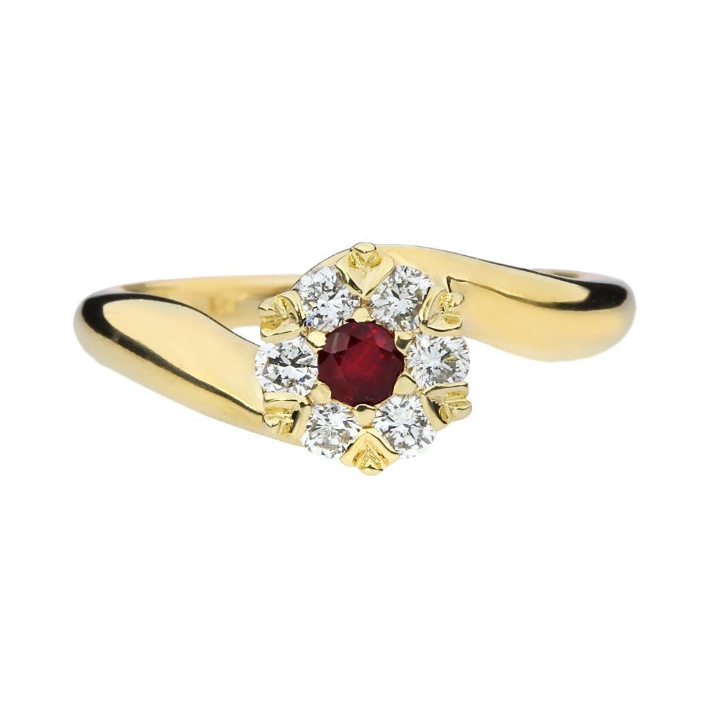 Round Cut Ruby & Diamond Halo 14K Bypass Ring For Sale