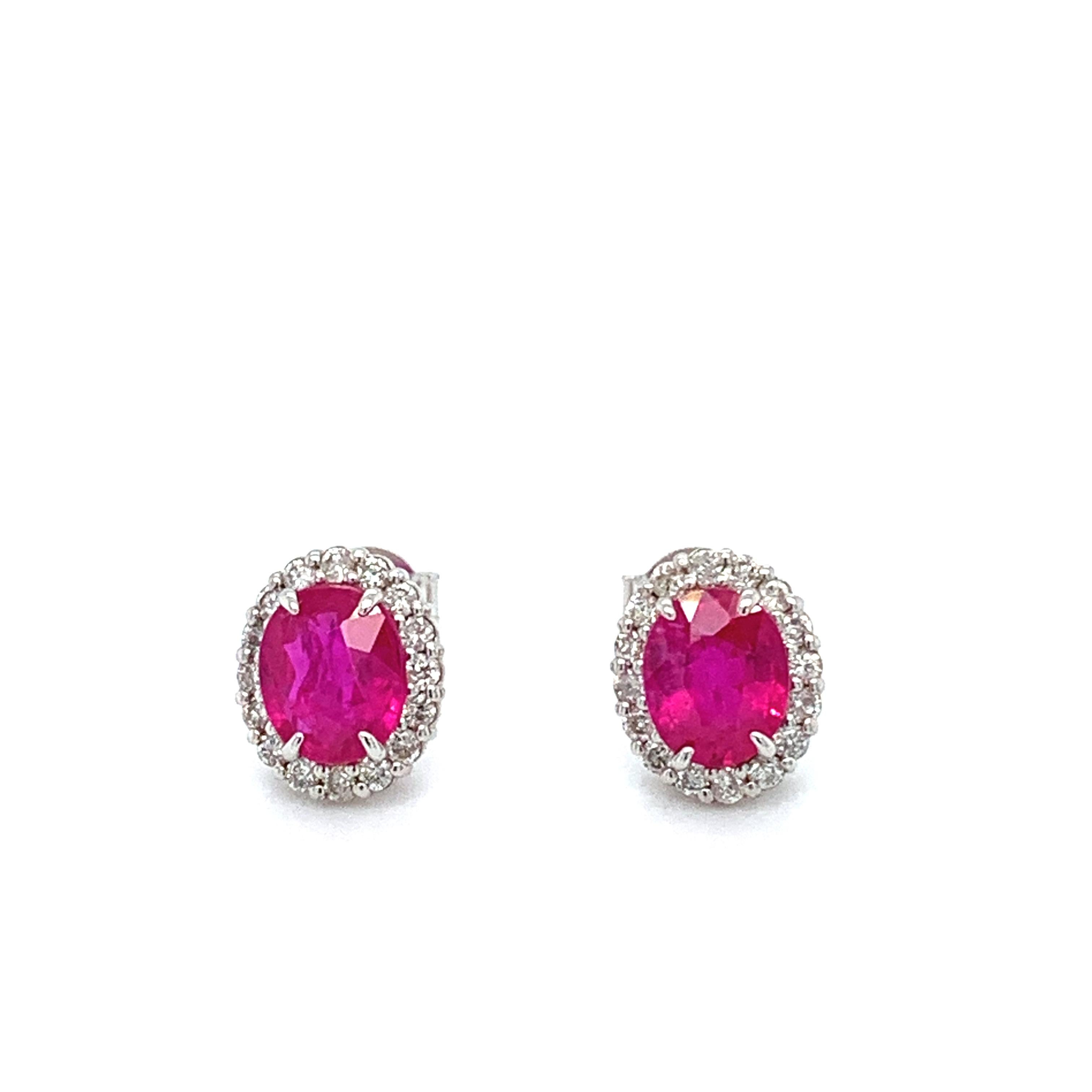 Art Deco Ruby diamond halo art deco studs earrings 18k white gold For Sale