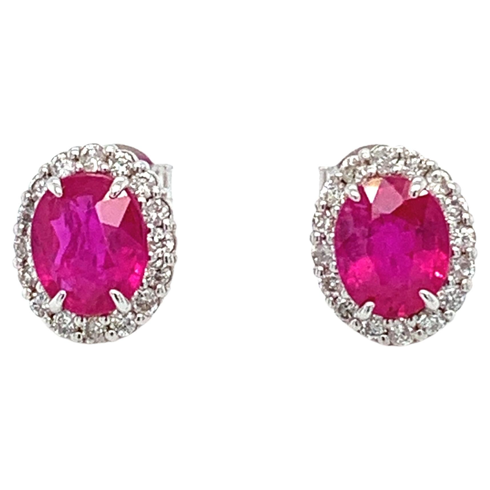Ruby diamond halo art deco studs earrings 18k white gold For Sale