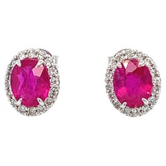 Ruby diamond halo art deco studs earrings 18k white gold