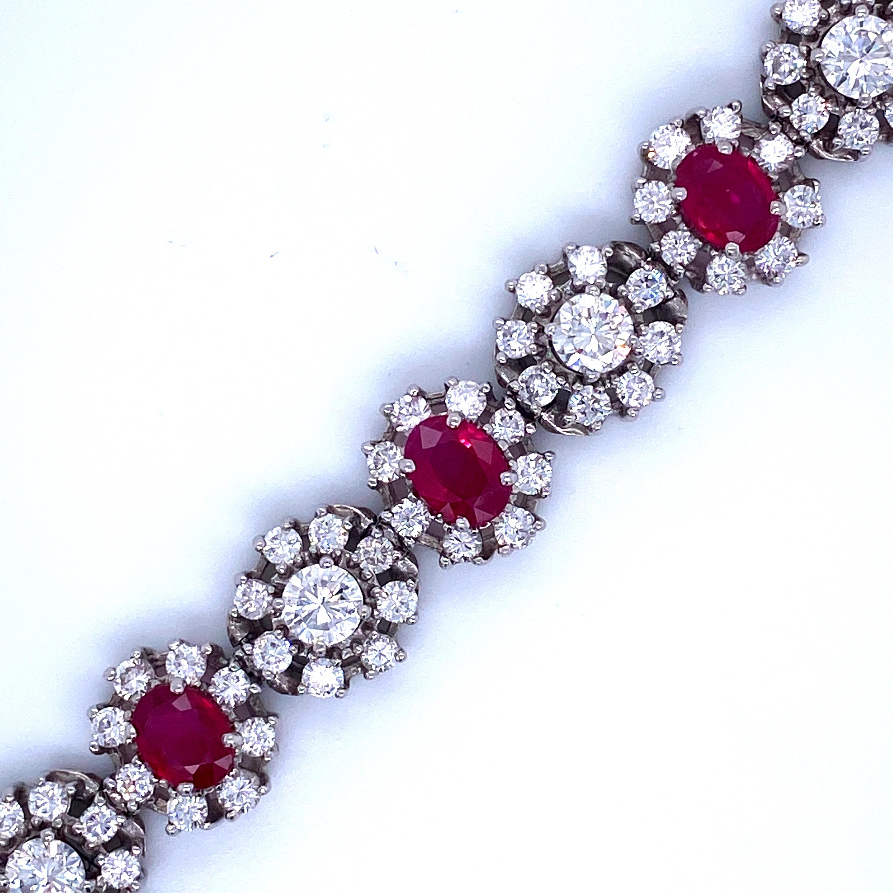 Ruby and Diamond Halo Cluster Motif Bracelet 18 Carat Platinum In Excellent Condition In New York, NY