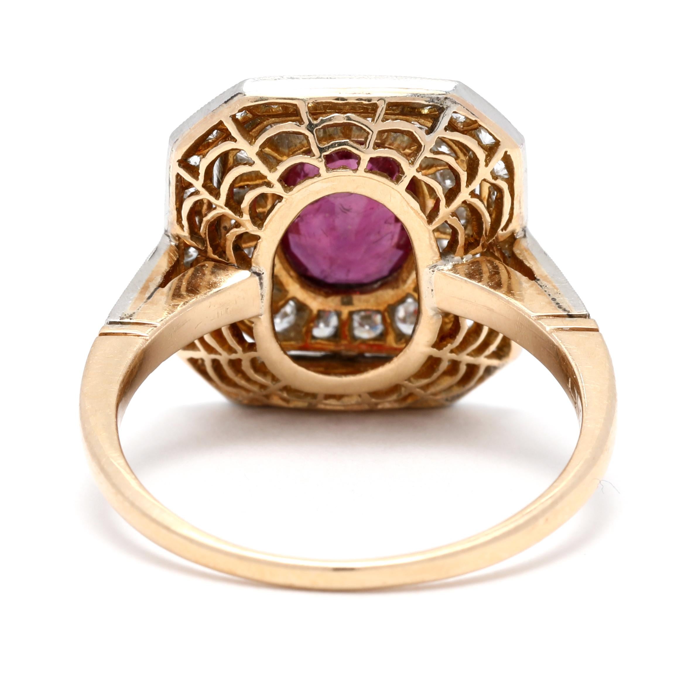 Oval Cut Ruby Diamond Halo Cocktail Ring, 18k Yellow White Gold, Ring, Oval Ruby For Sale