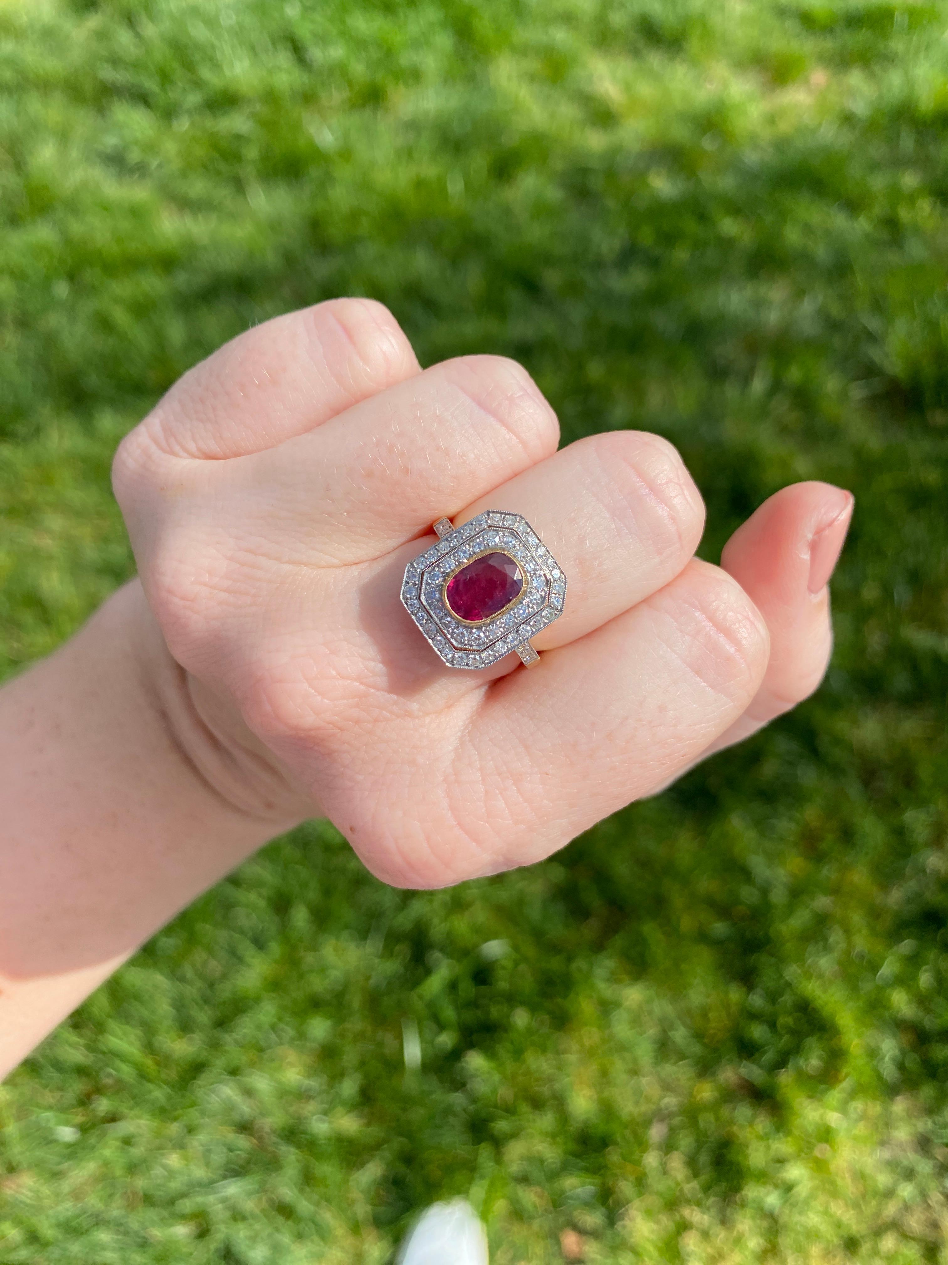 Ruby Diamond Halo Cocktail Ring, 18k Yellow White Gold, Ring, Oval Ruby For Sale 2