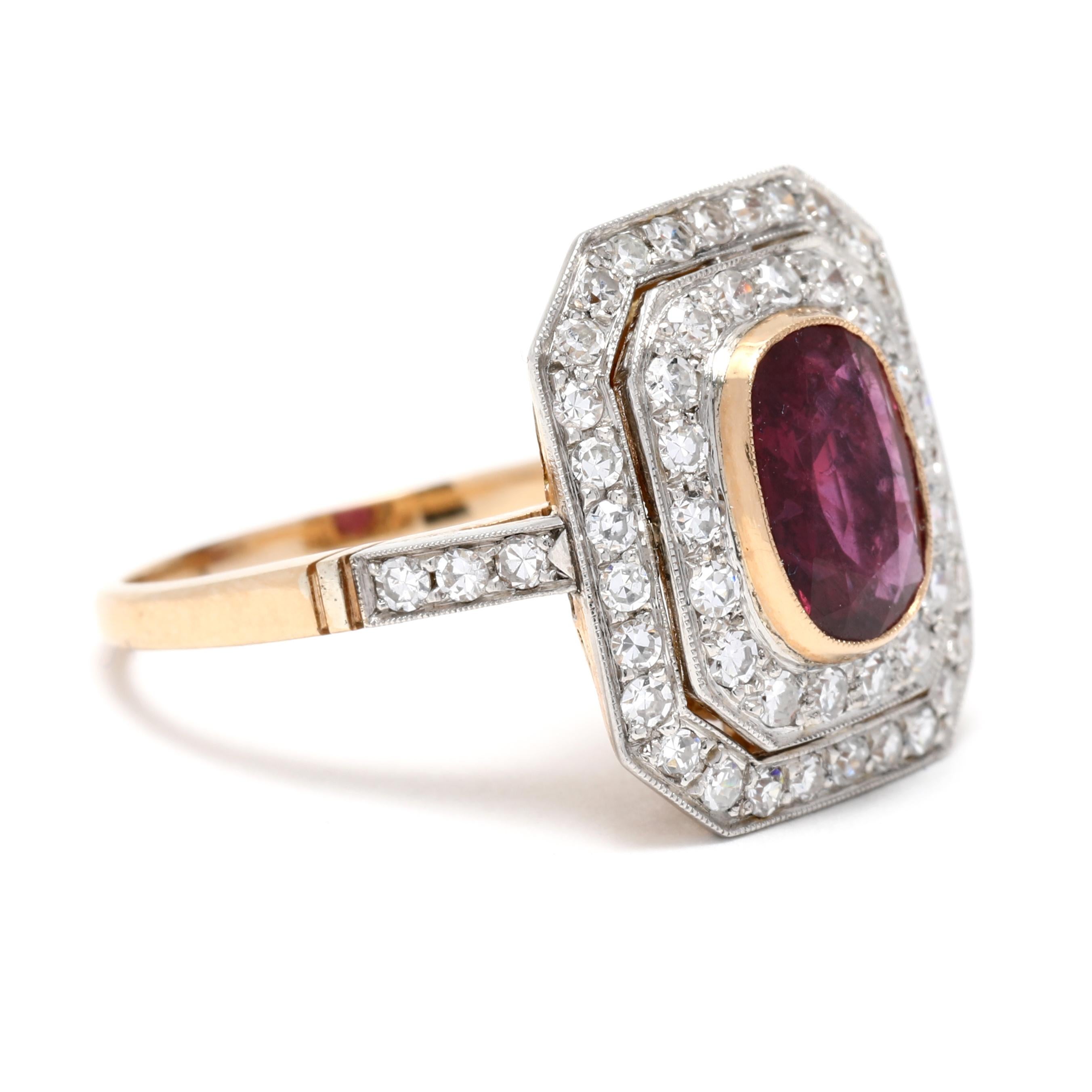 This stunning 2.34ctw ruby and diamond halo cocktail ring is the perfect combination of classic style and modern sophistication. Crafted in 18K yellow and white gold, this art deco-style ring features a stunning oval-cut ruby at the center with a