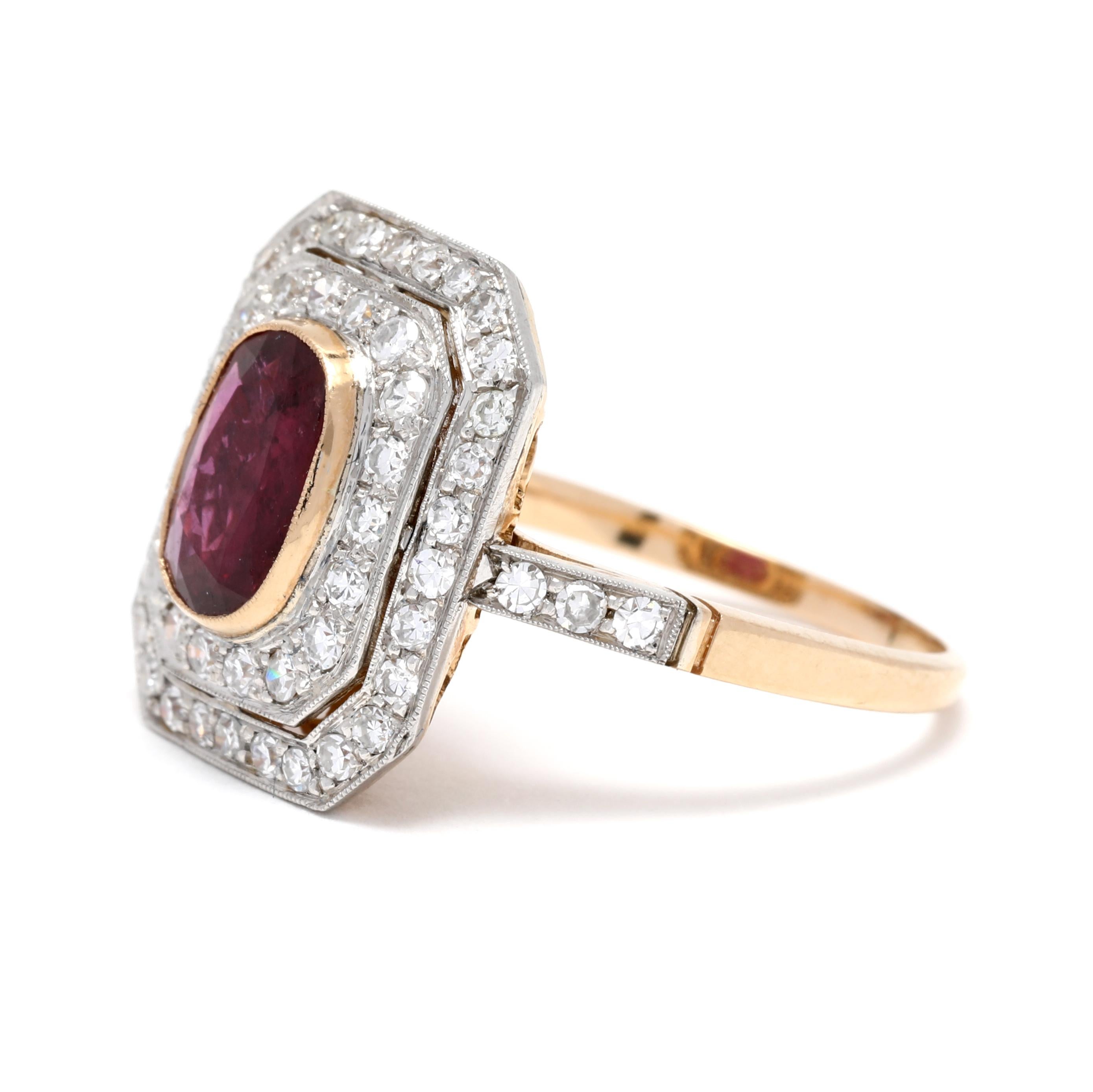 Ruby Diamond Halo Cocktail Ring, 18k Yellow White Gold, Ring, Oval Ruby In Good Condition For Sale In McLeansville, NC