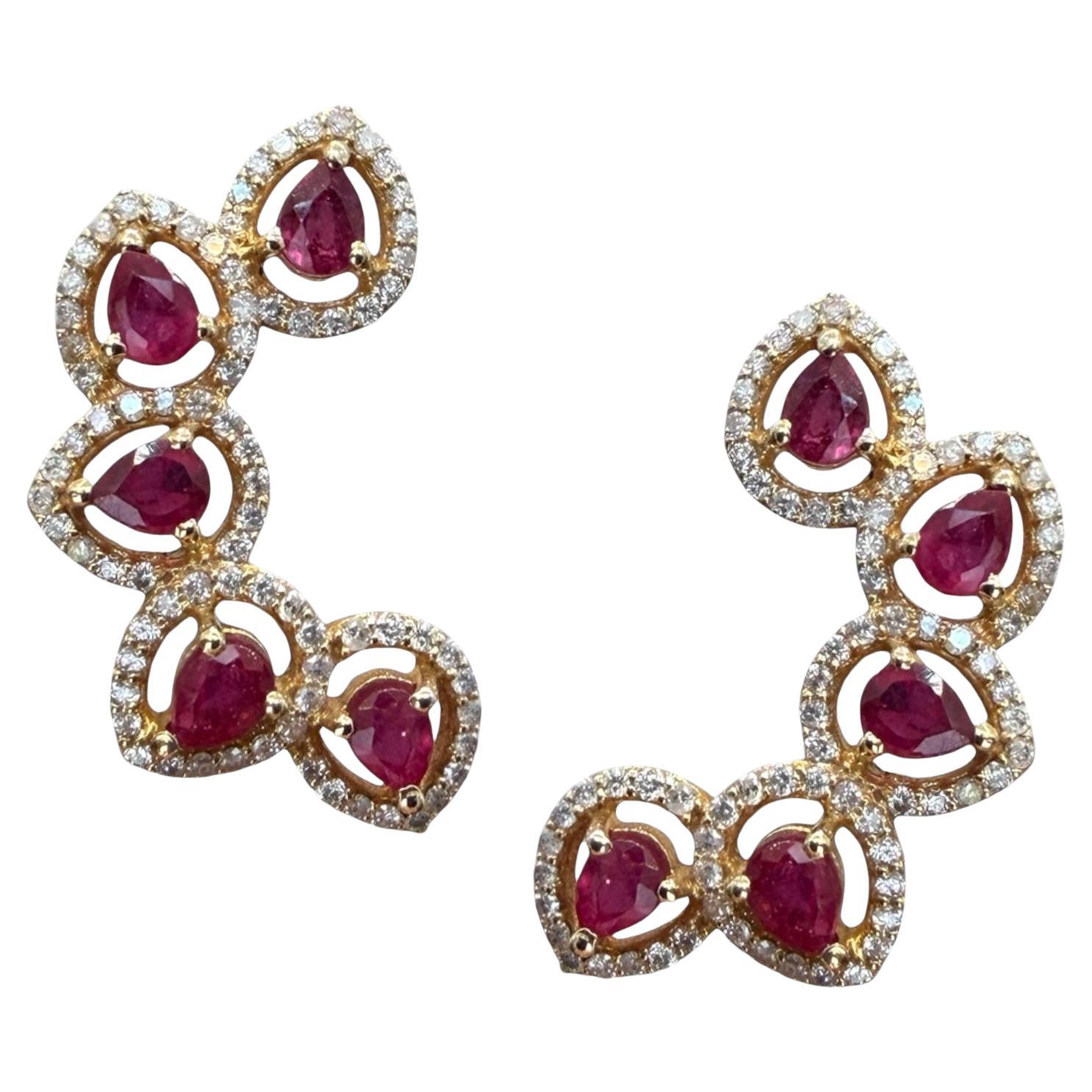 14K Yellow Gold Pear Shape Ruby Diamond Crawler Earrings, 2.95 Carats For Sale