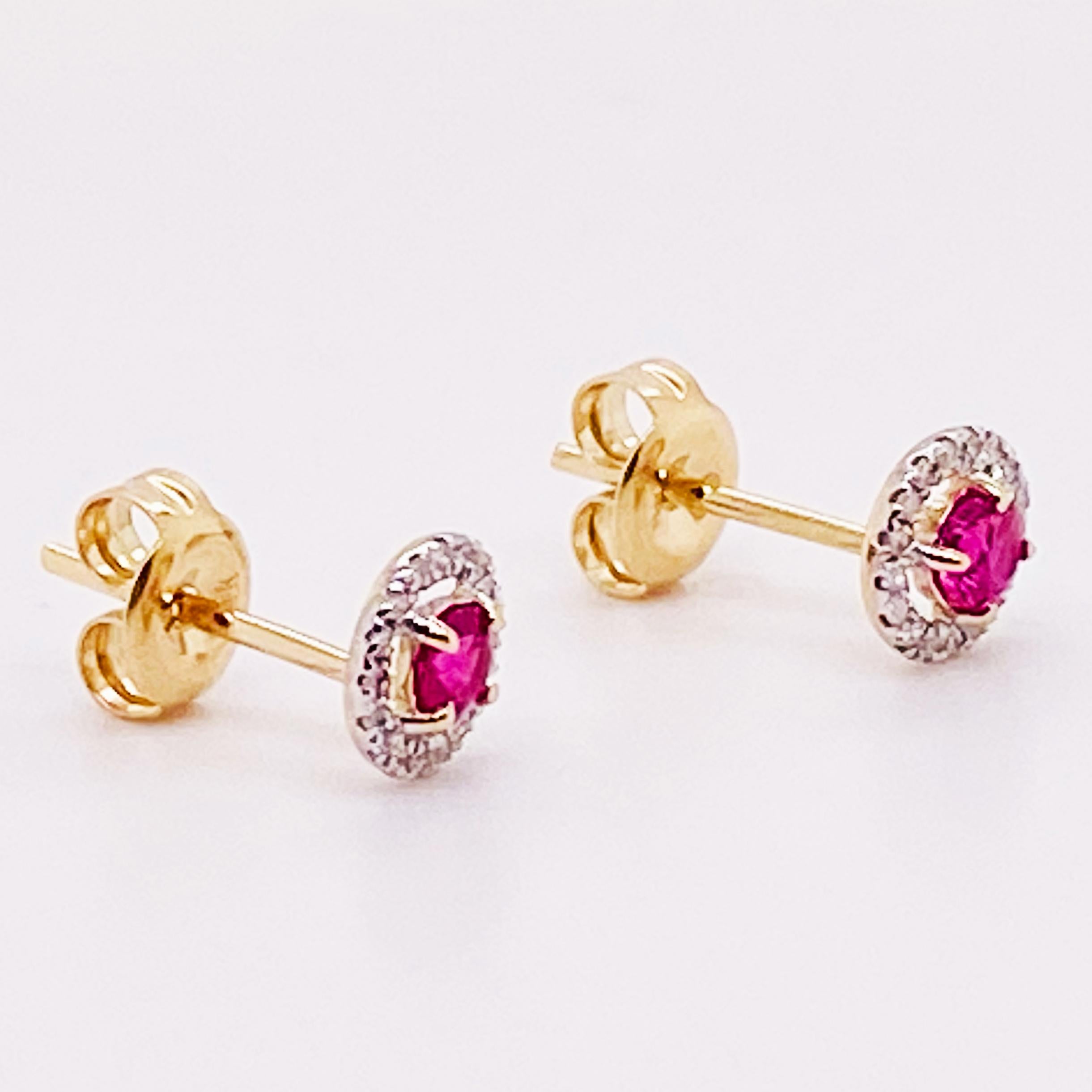 Round Cut Ruby & Diamond Halo Earrings 14K Gold July Ruby Earring Studs, Minimalist Post For Sale