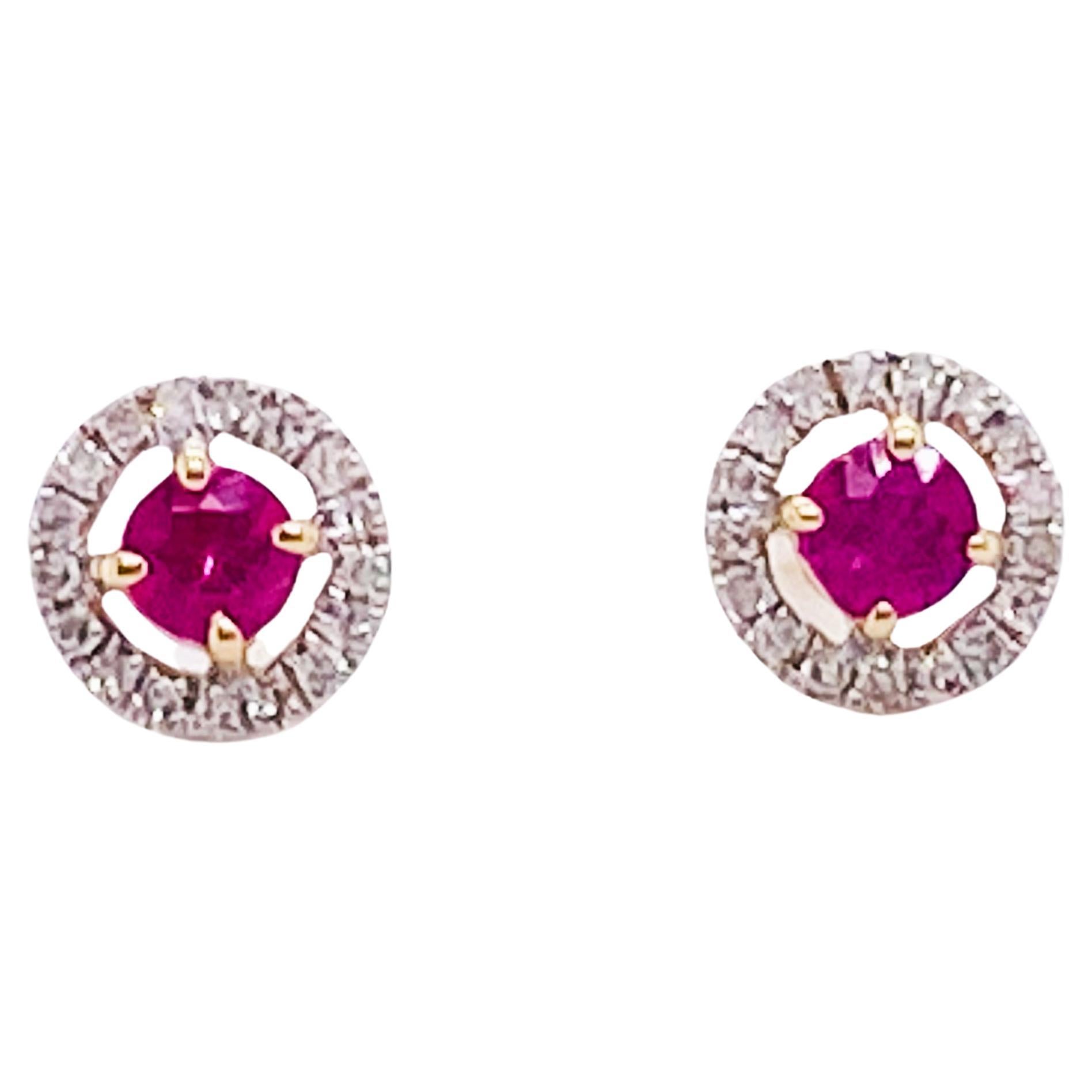 Ruby & Diamond Halo Earrings 14K Gold July Ruby Earring Studs, Minimalist Post