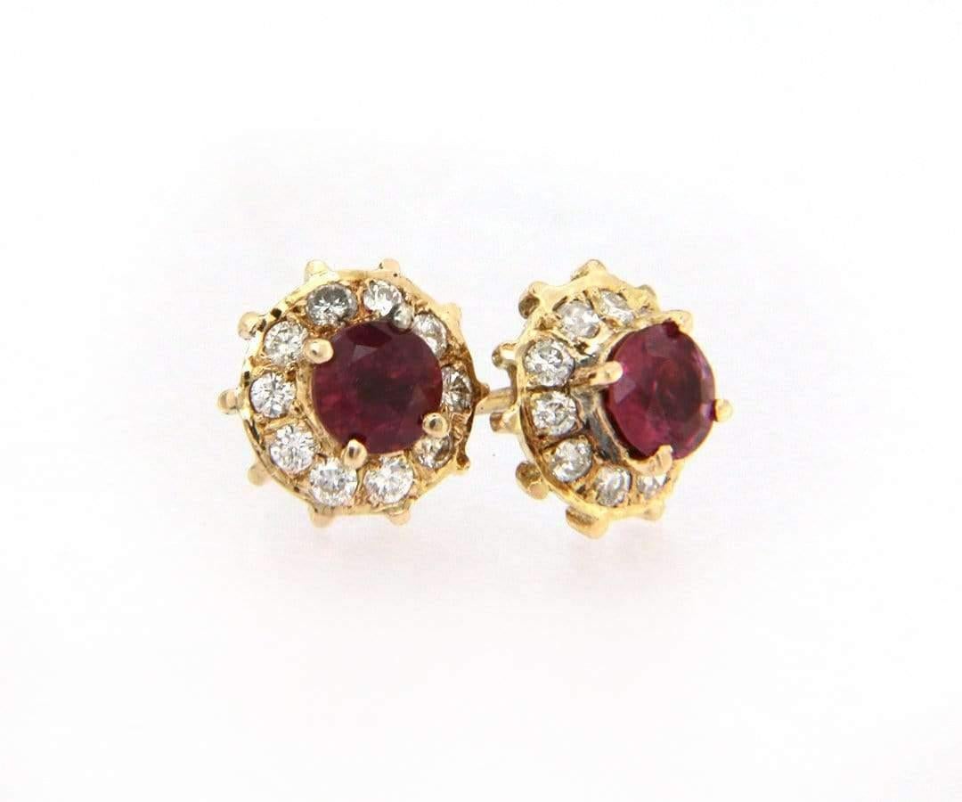 Round Cut Ruby Diamond Halo Earrings in 14K Yellow Gold For Sale