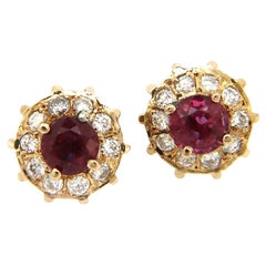 Ruby Diamond Halo Earrings in 14K Yellow Gold