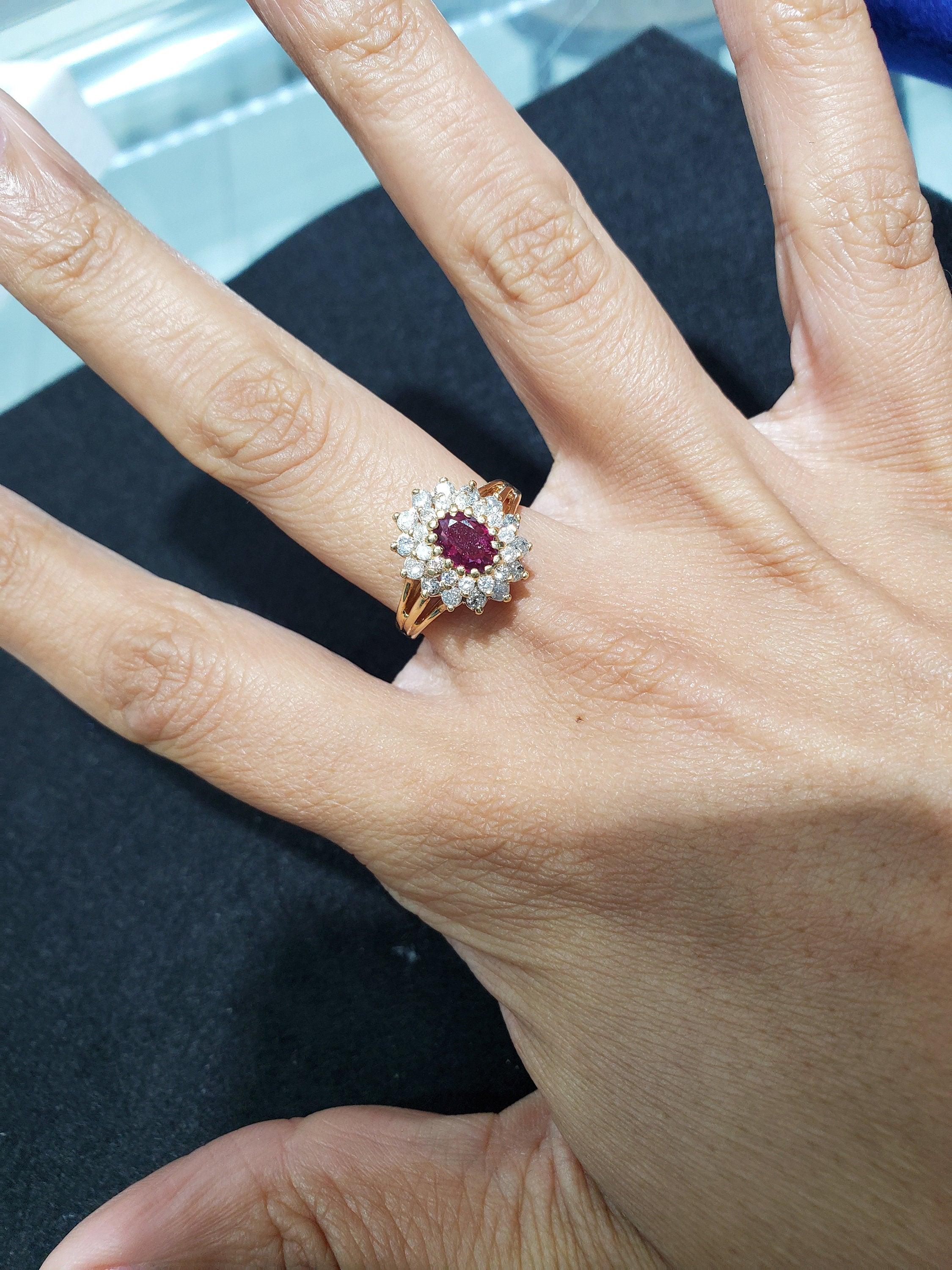 ♥ Product Summary ♥

Main Stone: Ruby & Diamonds
Approx. Total Carat Weight: 1.25cttw 
Diamond Carat Weight: .75ct 
Ruby Carat Weight: .50ct
Diamond Clarity: SI2
Diamond Color: G
Stone Cut: Oval & Round
Band Material: 14k Yellow Gold
Size: