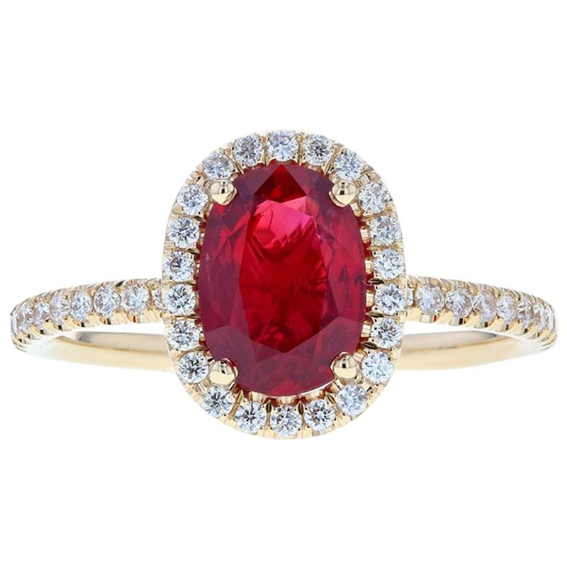 Ruby Diamond Halo Engagement Ring in Yellow Gold For Sale