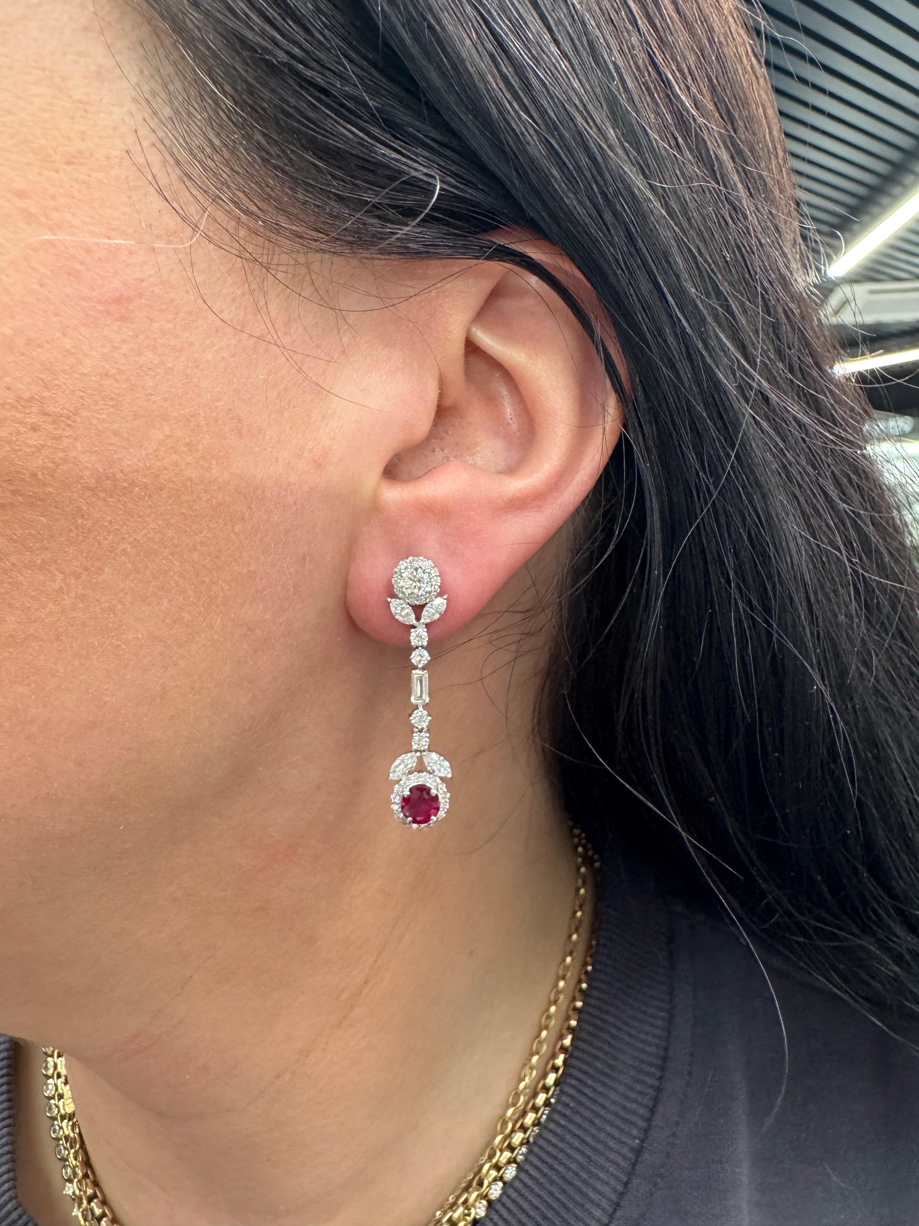Contemporary Ruby Diamond Halo Floral Drop Earrings 3.57 Carats 18 Karat White Gold F VS For Sale