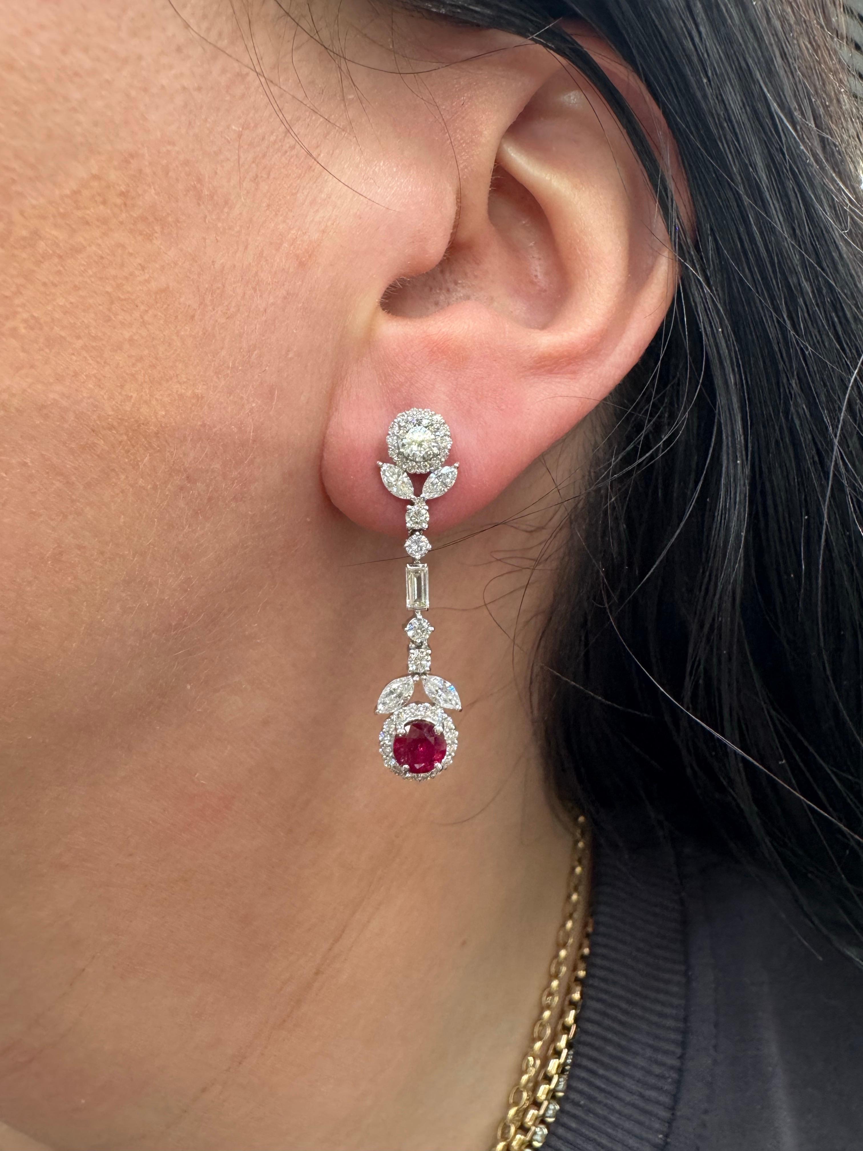 Round Cut Ruby Diamond Halo Floral Drop Earrings 3.57 Carats 18 Karat White Gold F VS For Sale
