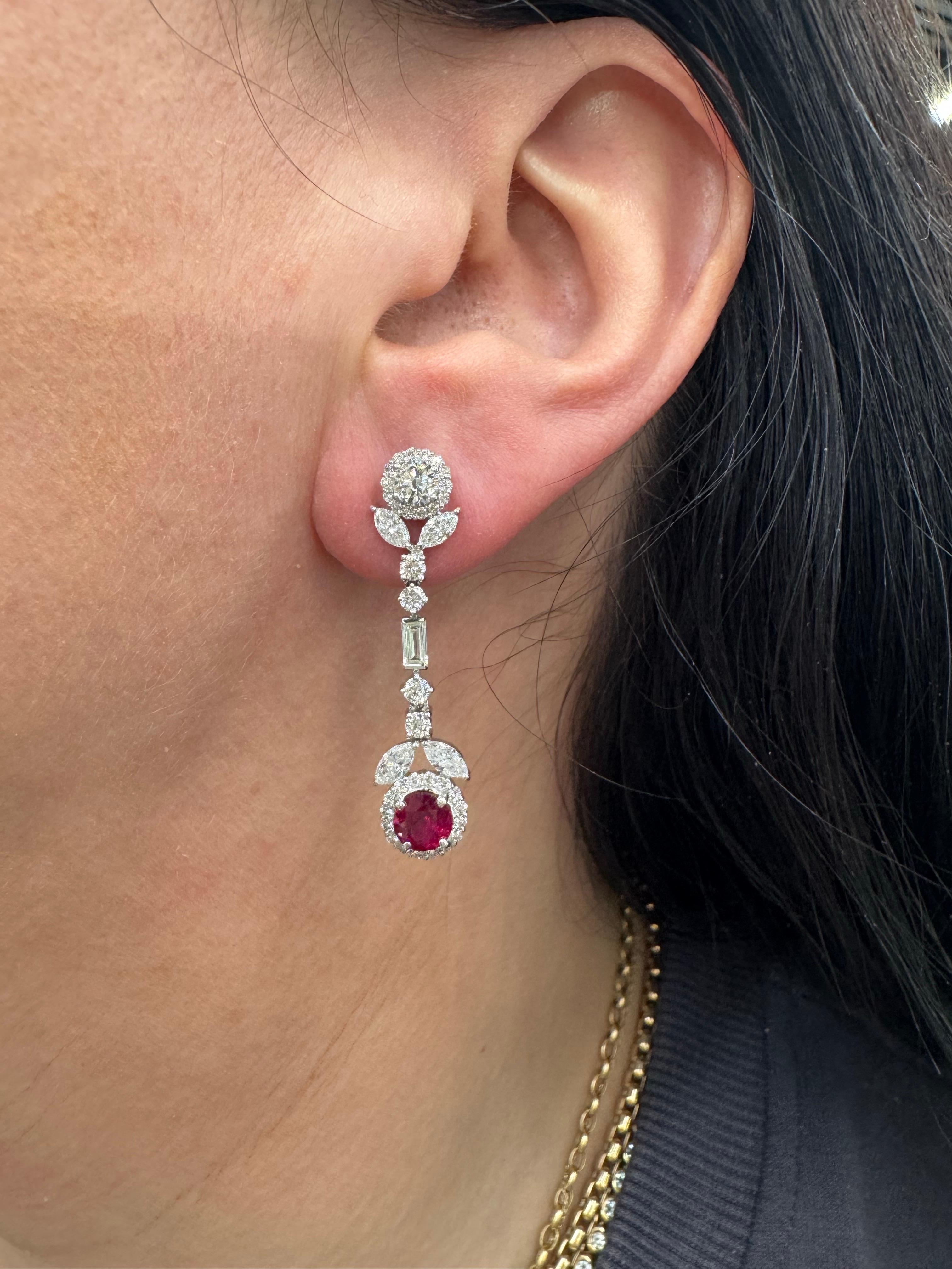Ruby Diamond Halo Floral Drop Earrings 3.57 Carats 18 Karat White Gold F VS In New Condition For Sale In New York, NY