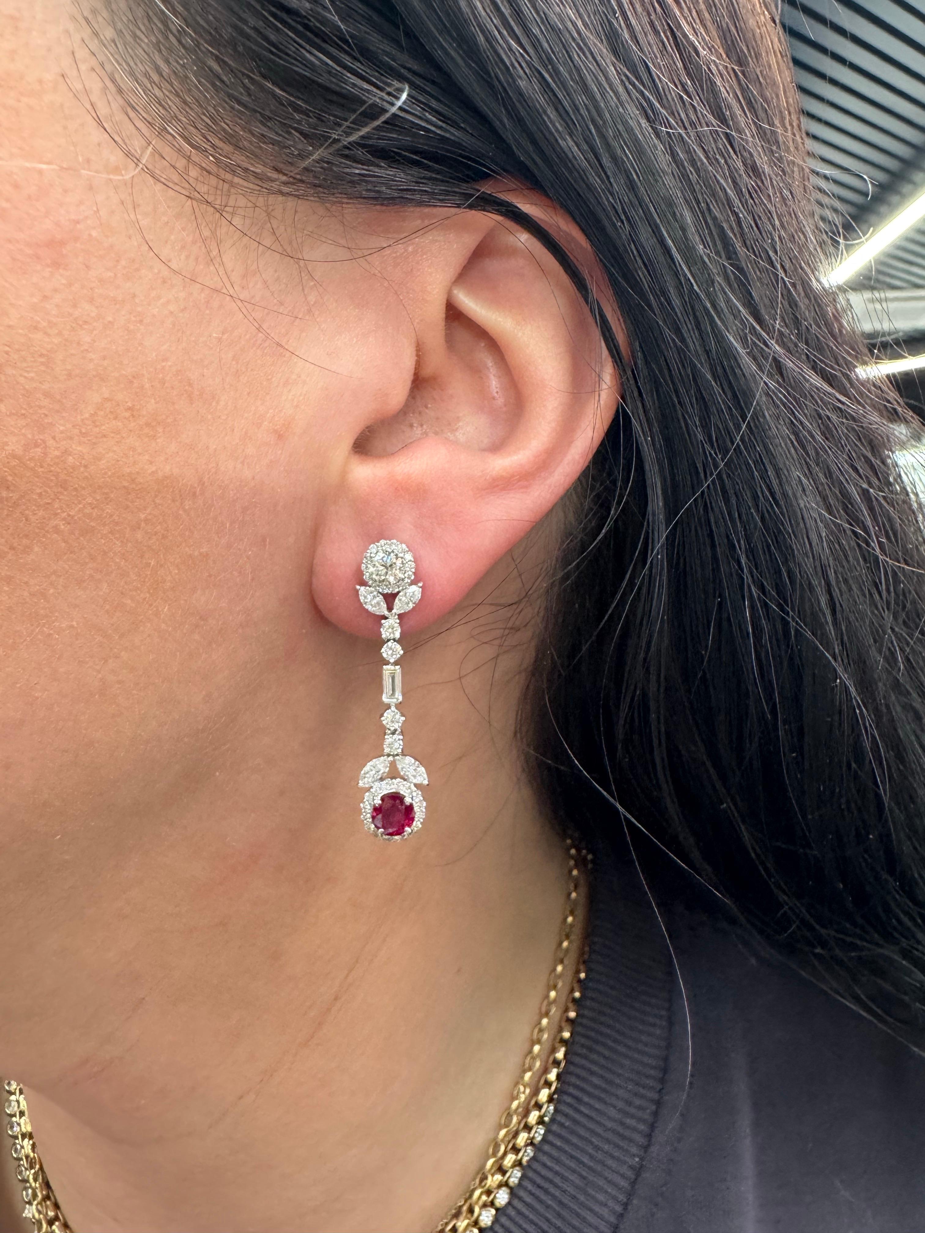 Women's Ruby Diamond Halo Floral Drop Earrings 3.57 Carats 18 Karat White Gold F VS For Sale