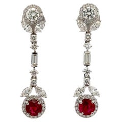 Ruby Diamond Halo Floral Drop Earrings 3.57 Carats 18 Karat White Gold F VS