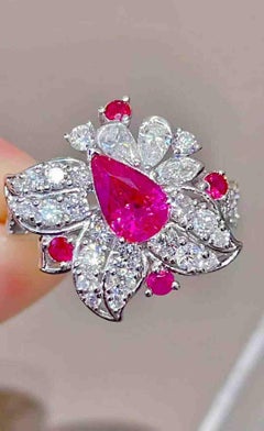 Ruby Diamond Halo Flower Cocktail Ring 2.18ct TW