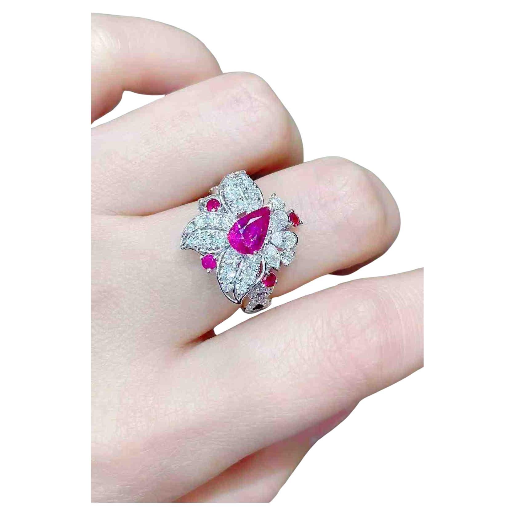 Ruby Diamond Halo Flower Cocktail Ring 2.18ct TW