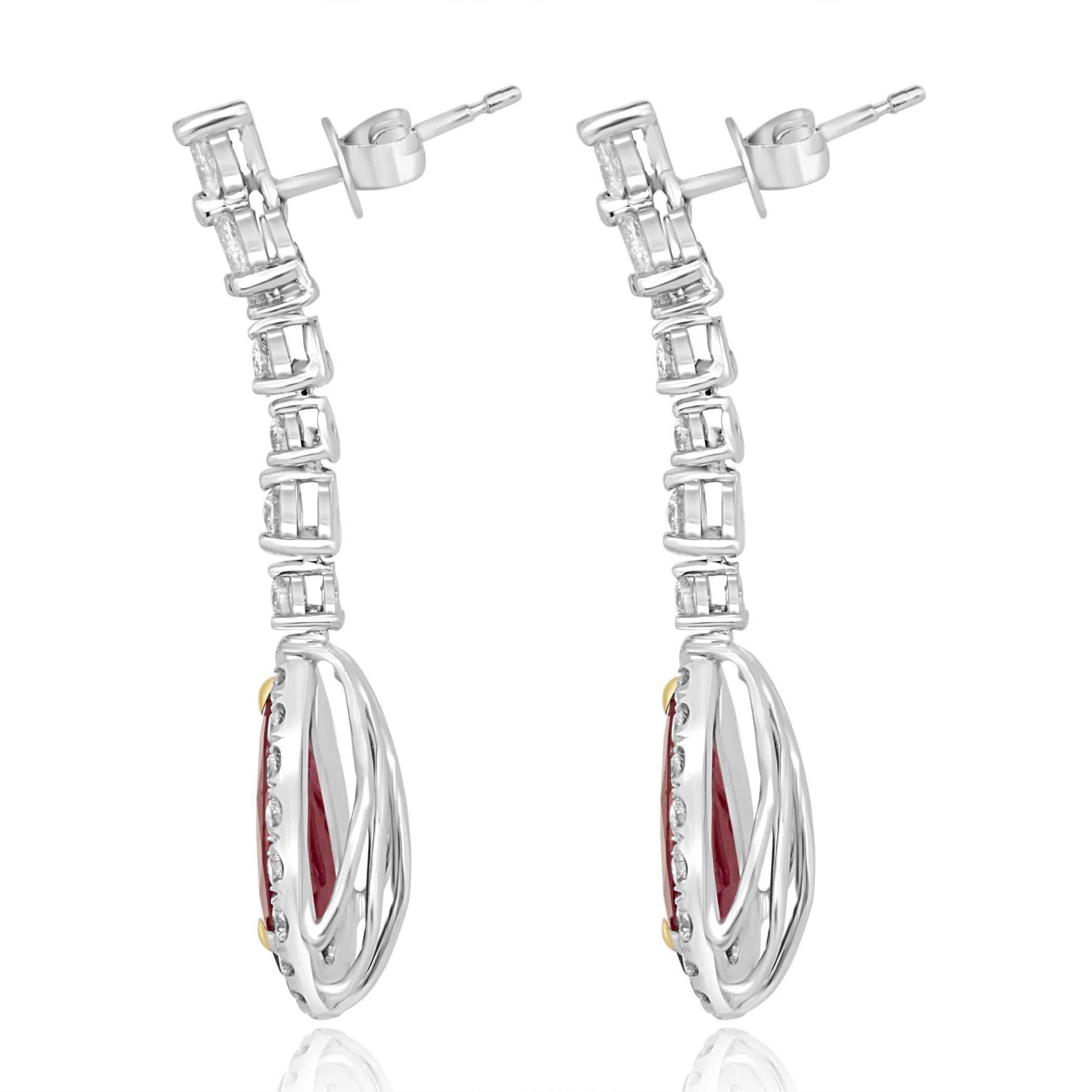 Modern Ruby Pear Diamond Halo Gold Fashion Dangle Drop Earrings