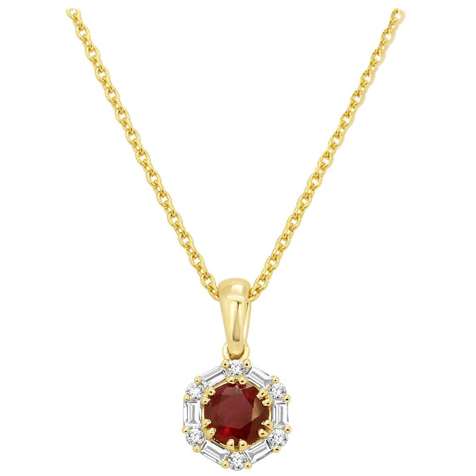 Ruby Diamond Halo Gold Drop Pendant Chain Necklace at 1stDibs