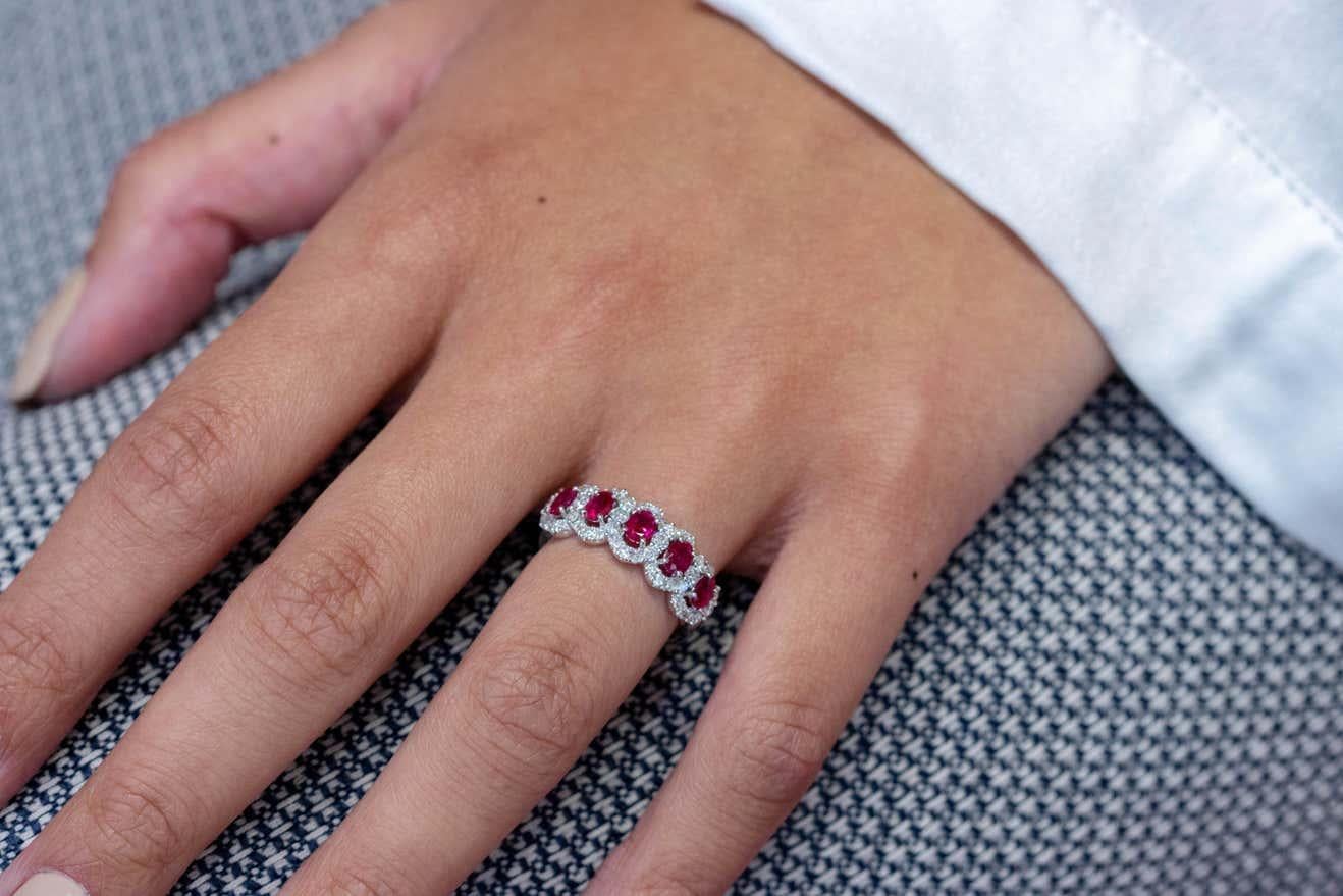 Modern Ruby Diamond Halo Gold Five-Stone Ring