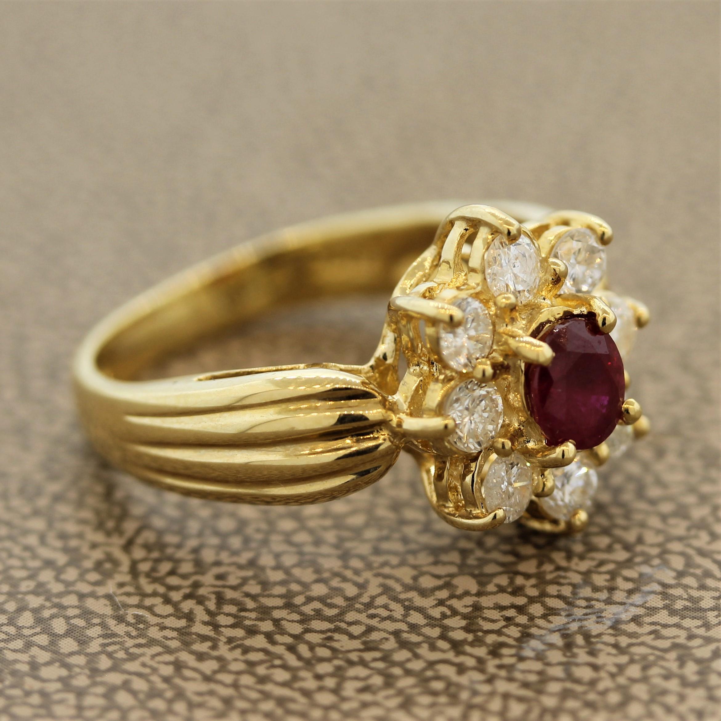 Mixed Cut Ruby Diamond-Halo Gold Flower Ring For Sale
