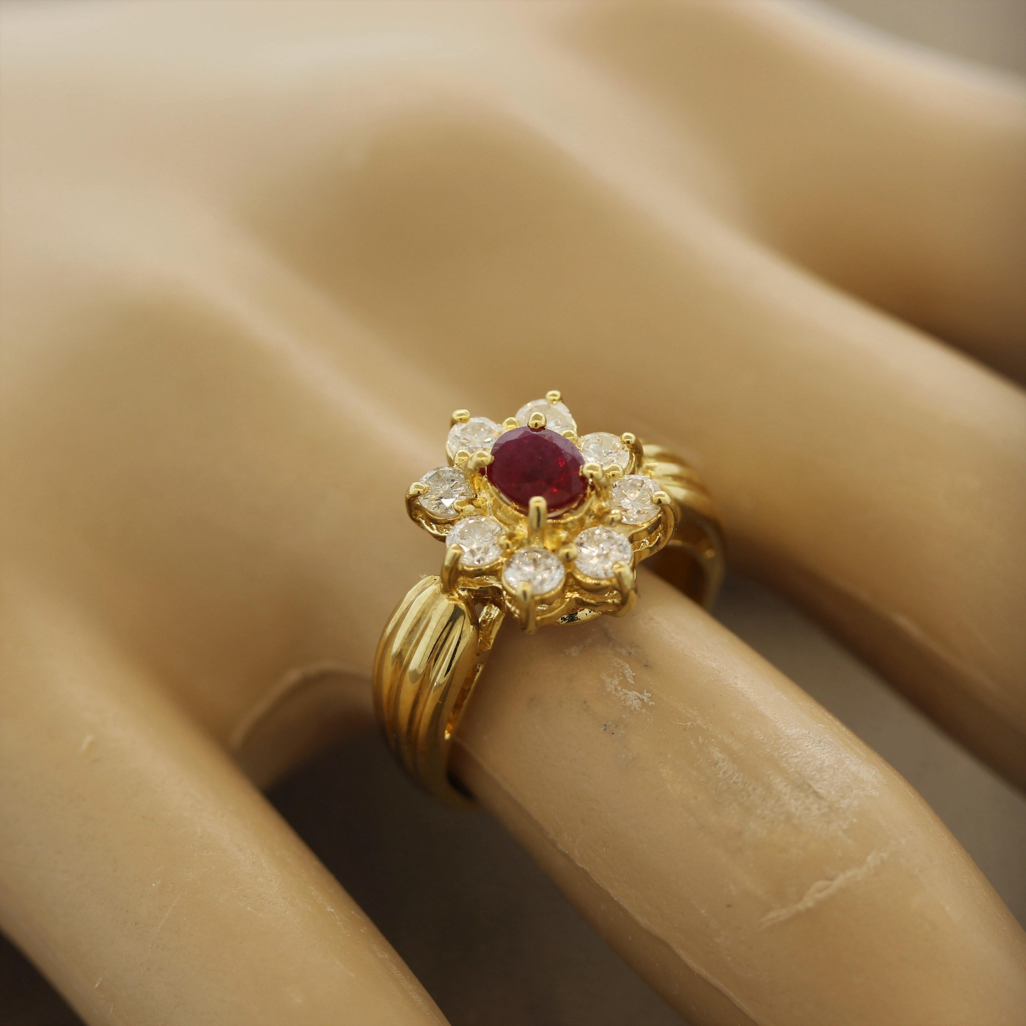 Ruby Diamond-Halo Gold Flower Ring In New Condition For Sale In Beverly Hills, CA