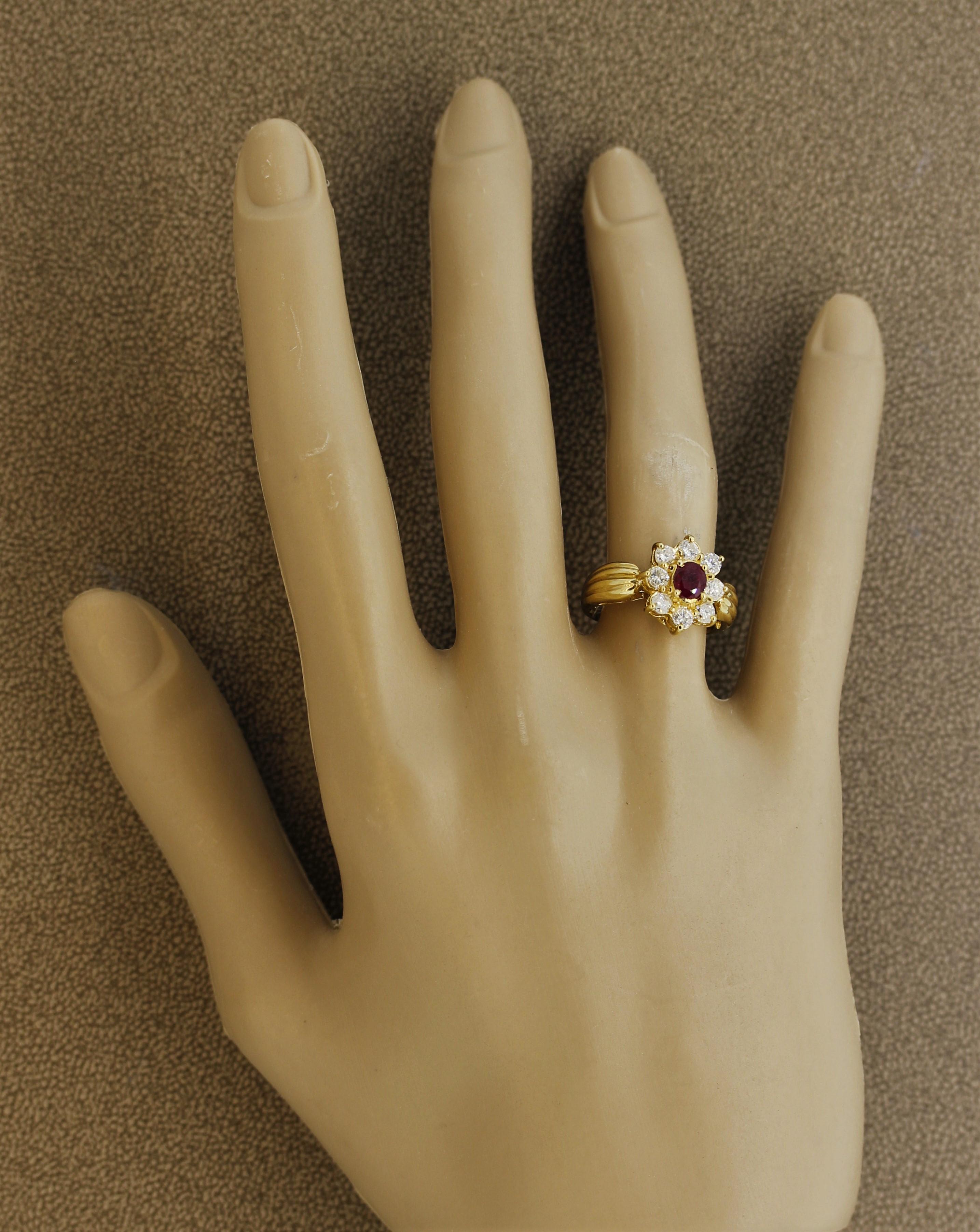 Women's Ruby Diamond-Halo Gold Flower Ring For Sale