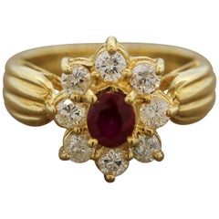 Ruby Diamond-Halo Gold Flower Ring